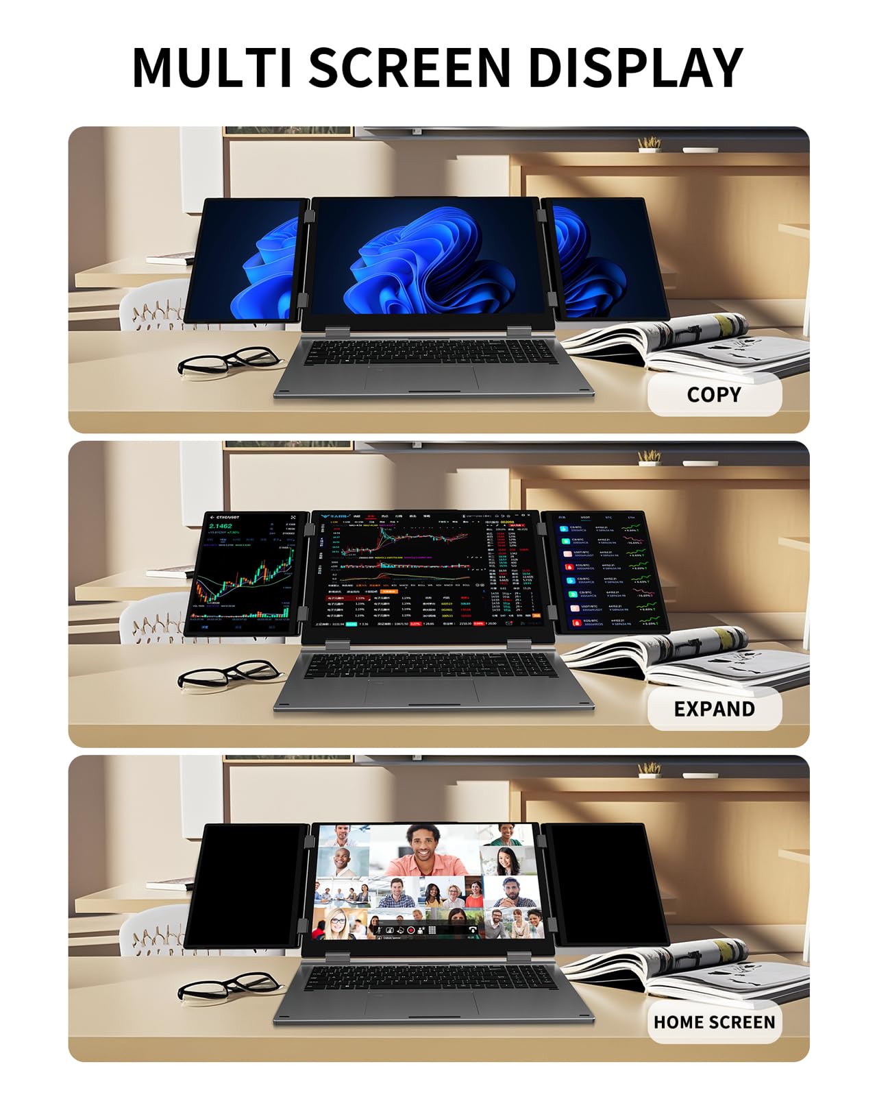 KOOFORWAY Triple Screen Laptop, 16" Main + Dual 10.5" Monitors, Core i7-12700H, 32GB RAM, 2TB SSD, Win 11 Pro, Wi-Fi 5, BT 5.0, Face & Fingerprint Unlock, USB-C, HDMI