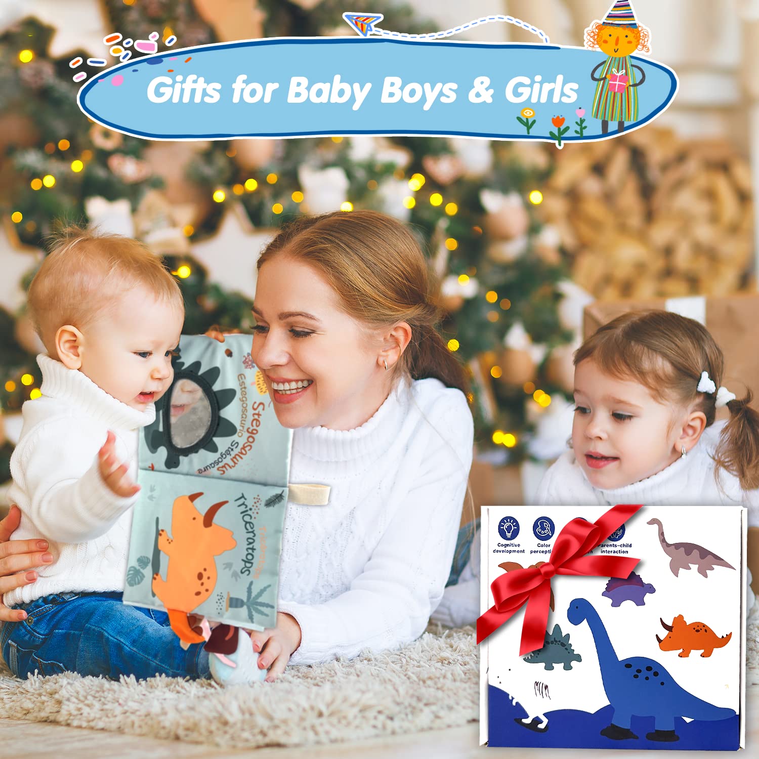 Richgv Baby Books Toys 0-6-12 Months, Baby Boy Girl Gifts Toys 0-6-12 Touch and Feel 3D Books with Dino Doll, Newborn Infant Carseat Toys Teething Toys Christmas Stocking Stuffers for Boys Girls