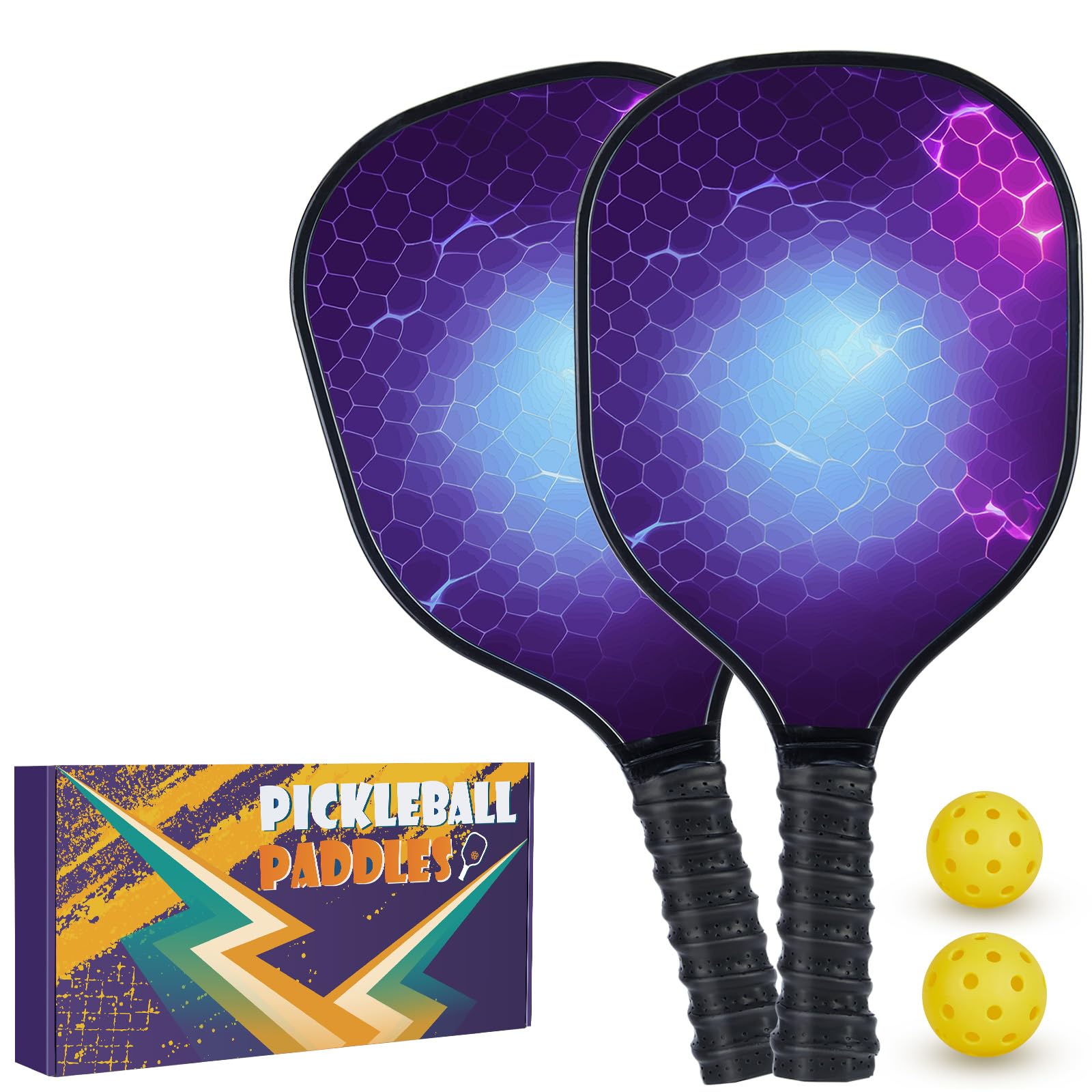 ENERFACE Pickleball Paddles Set of 2 : Ergonomic Grip Wooden Pickleball Rackets with 2 Pickleball Balls and Carry Box, Pickleball Set for Men Women (Honeycomb Violet, 2 Pack)