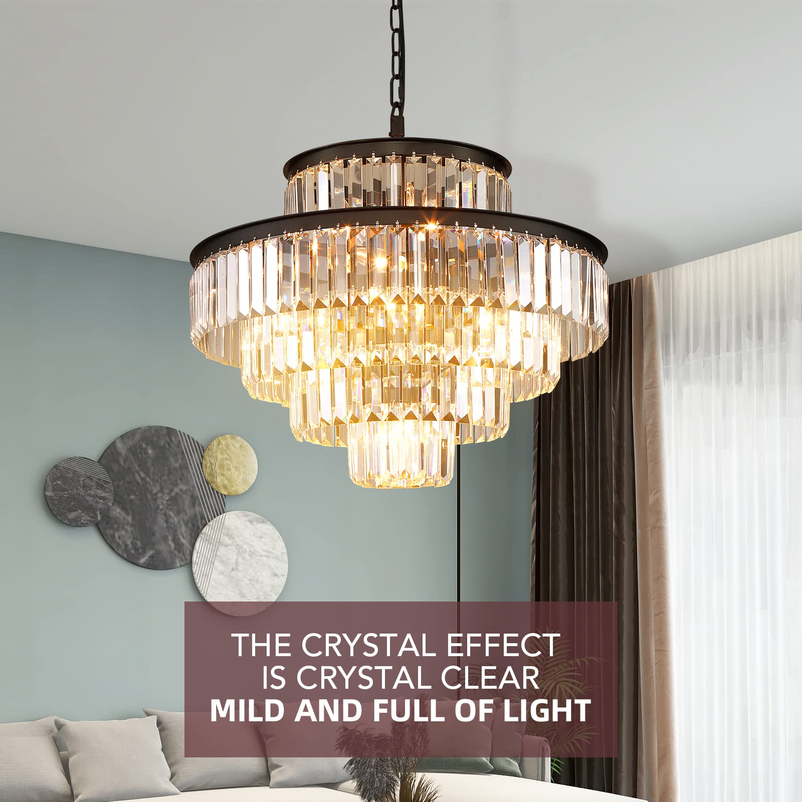 Modern Crystal Chandeliers Brown Round 24 inch Lights & Hanging Classic, Pendant Ceiling Chandelier Lighting Fixture 5-Tier for Dining Room Living Room Bed Room Entryway