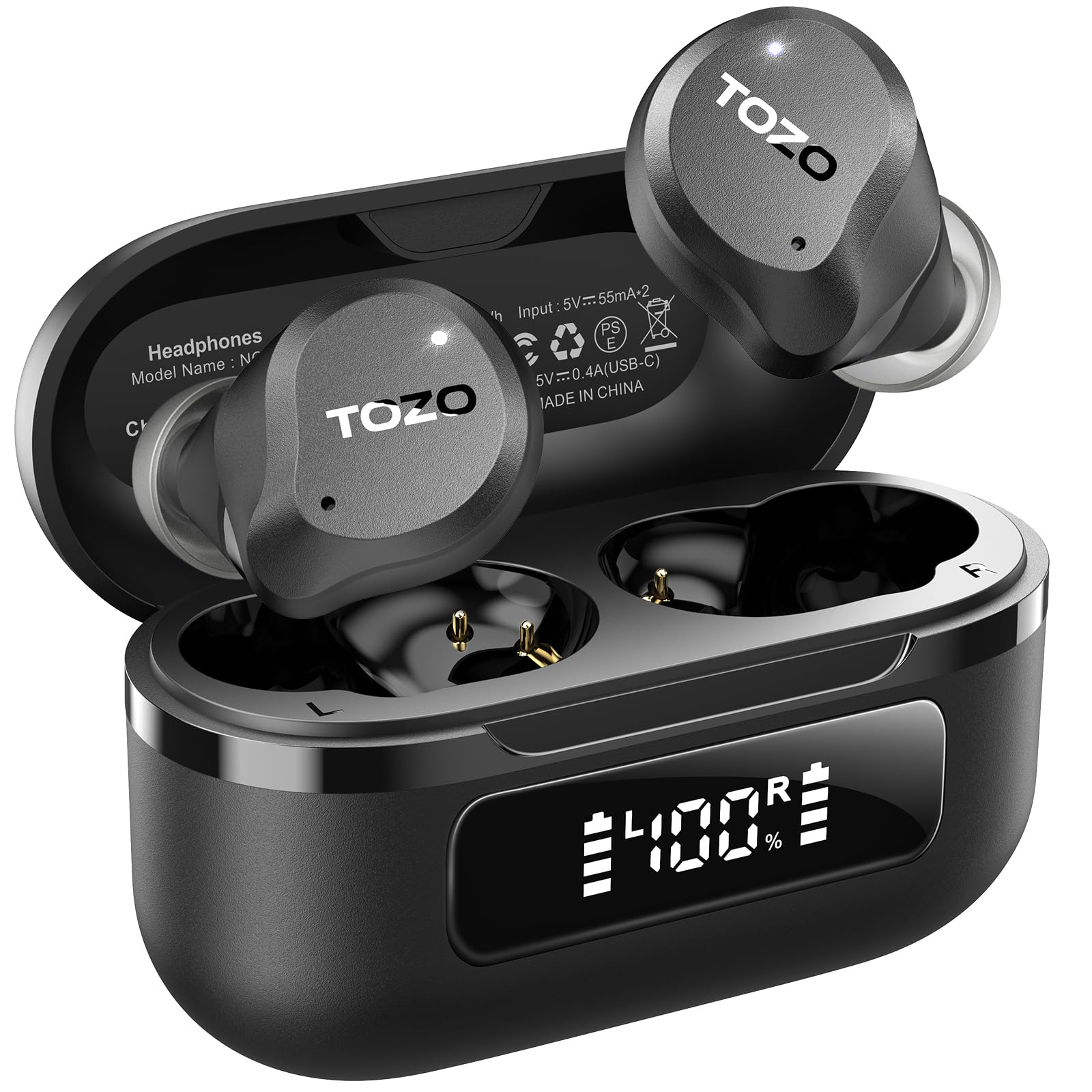 TOZO Hybrid Active Noise Cancelling Wireless Earbuds, 6 Mics ENC Clear Call, IPX8 Waterproof, in Ear Bluetooth 5.3 Headphones Stereo Bass Heasets 59H Playtime with LED Display 32 EQs via APP