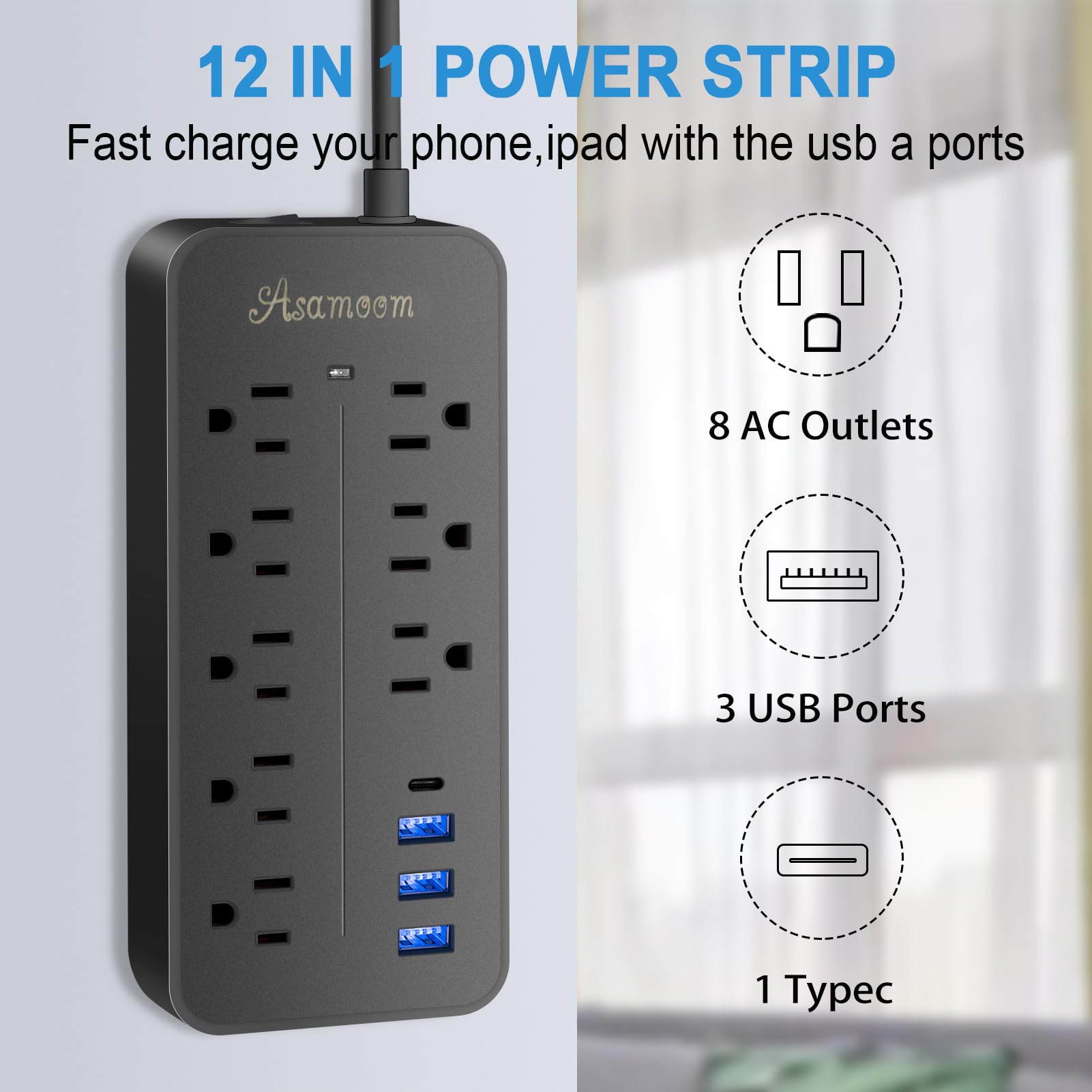 25FT Surge Protector Power Strip Extension Cord with USB C, Asamoom Flat Plug Power Strip with Long Cord, 8 Outlets and 3 USB A & 1 USB-C Port,1700J Wall Mount Desk Power Strip for Home Office Black