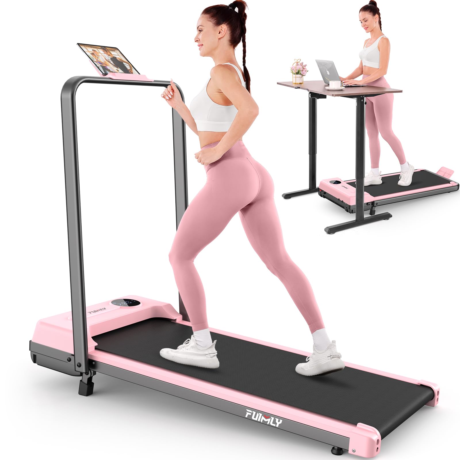FUNMILY Foldable Walking Pad with Handle Bar, 4 in 1 Under Desk Treadmill with Incline, 2025 Upgraded Smart Folding Treadmill for Home/Office, Ultra-Quiet