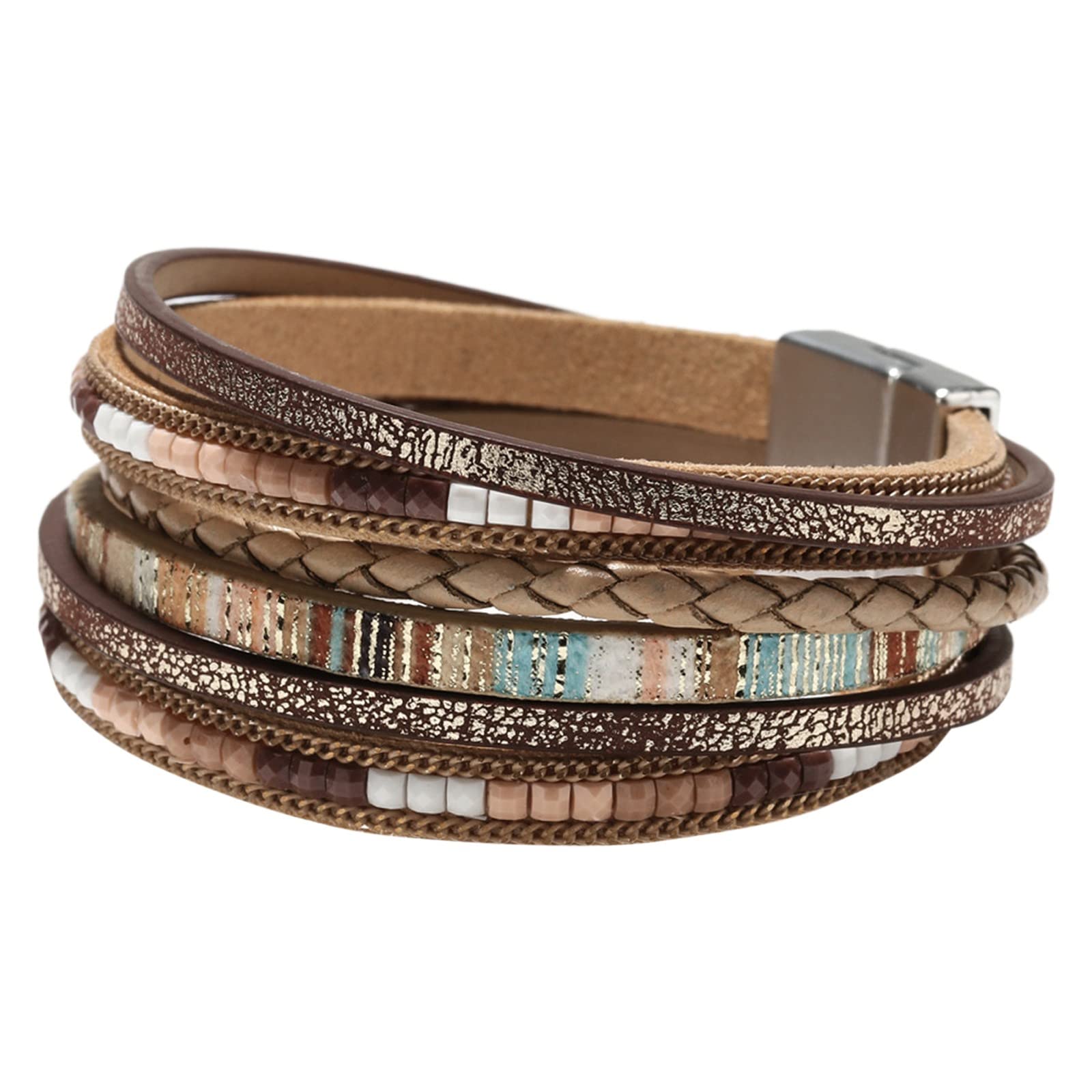 Prime of Day of Deals Today 2024 Clearance Gifts 5 and Under Classic Leather Wrap Bracelets for Women, Boho Leopard Multi-layer Metal Beads Cuff Bracelet Jewelry for Her