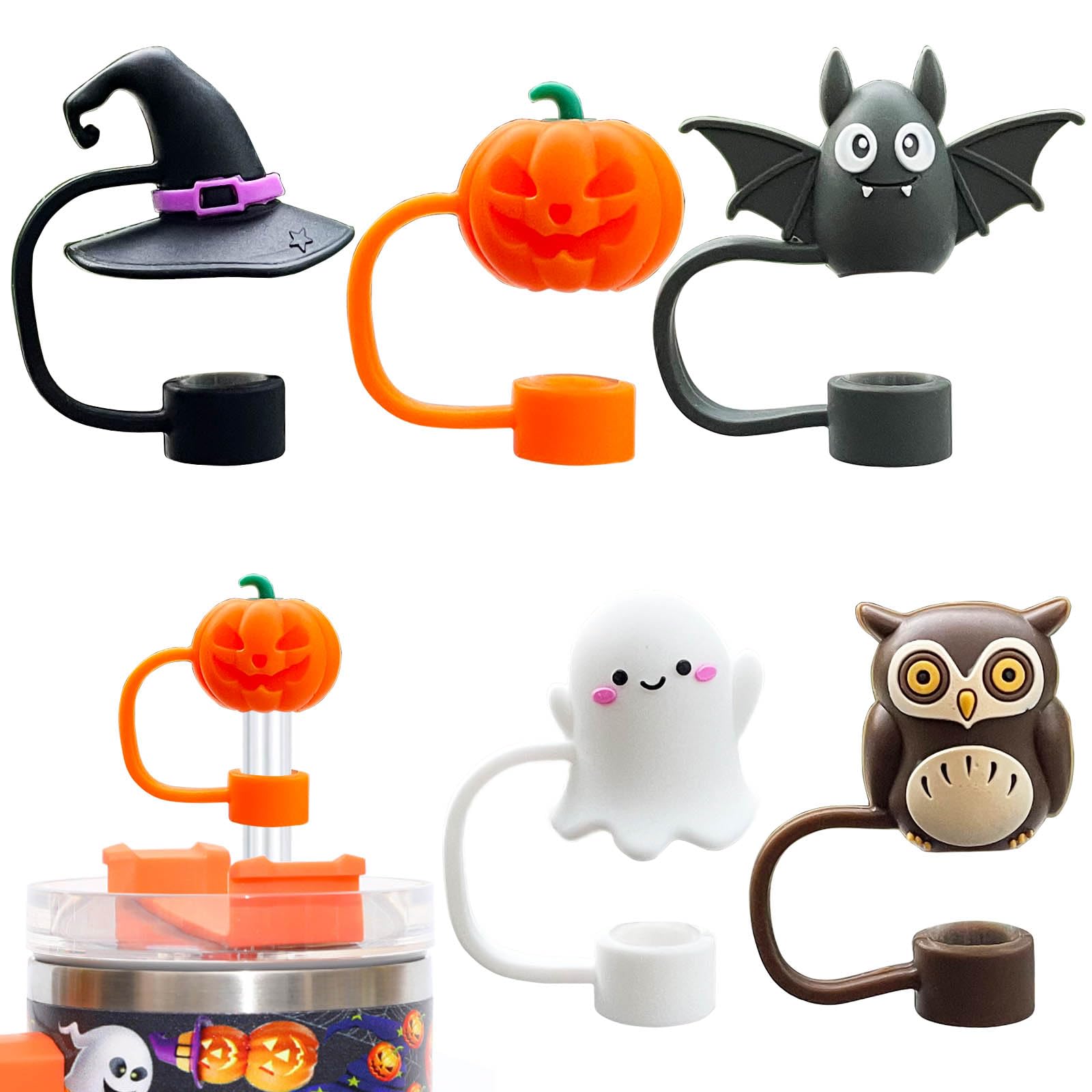 5PCS Halloween Straw Cover Cap for Stanley Cup, Silicone Straw Topper for Stanley 30&40 Oz Tumbler with Handle, 10mm 0.4in Dust-Proof Reusable Straw Tips Lids for Halloween Gifts. (Color 1)