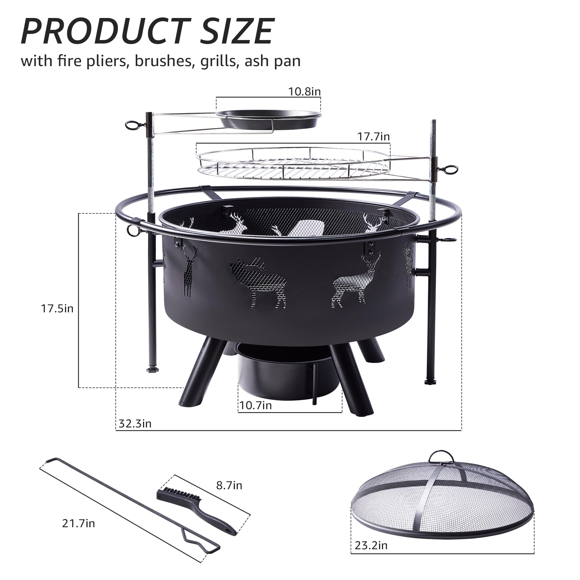 NATURAL EXPRESSIONS 32 Inch Large Fire Pit with 2 Grills, Outdoor Wood Burning Fire Pit with Cooking Grate, Lid, Poker and Round Waterproof Cover for Patio, Ourside, Bonfires, Picnic, Party.