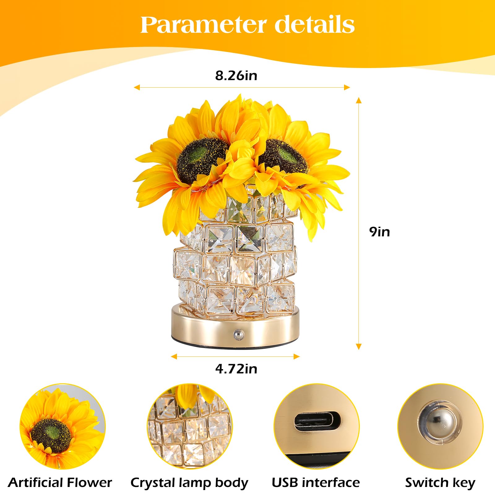 AMWGIMI Sunflowers Flower Lamp,Rechargeable Cordless Touch Table Lamp,3-Colour Infinitely Dimming Small Night Light,Festival Restaurant Bedroom Bar Coffee Shop Birthday Gifts for Women Mom