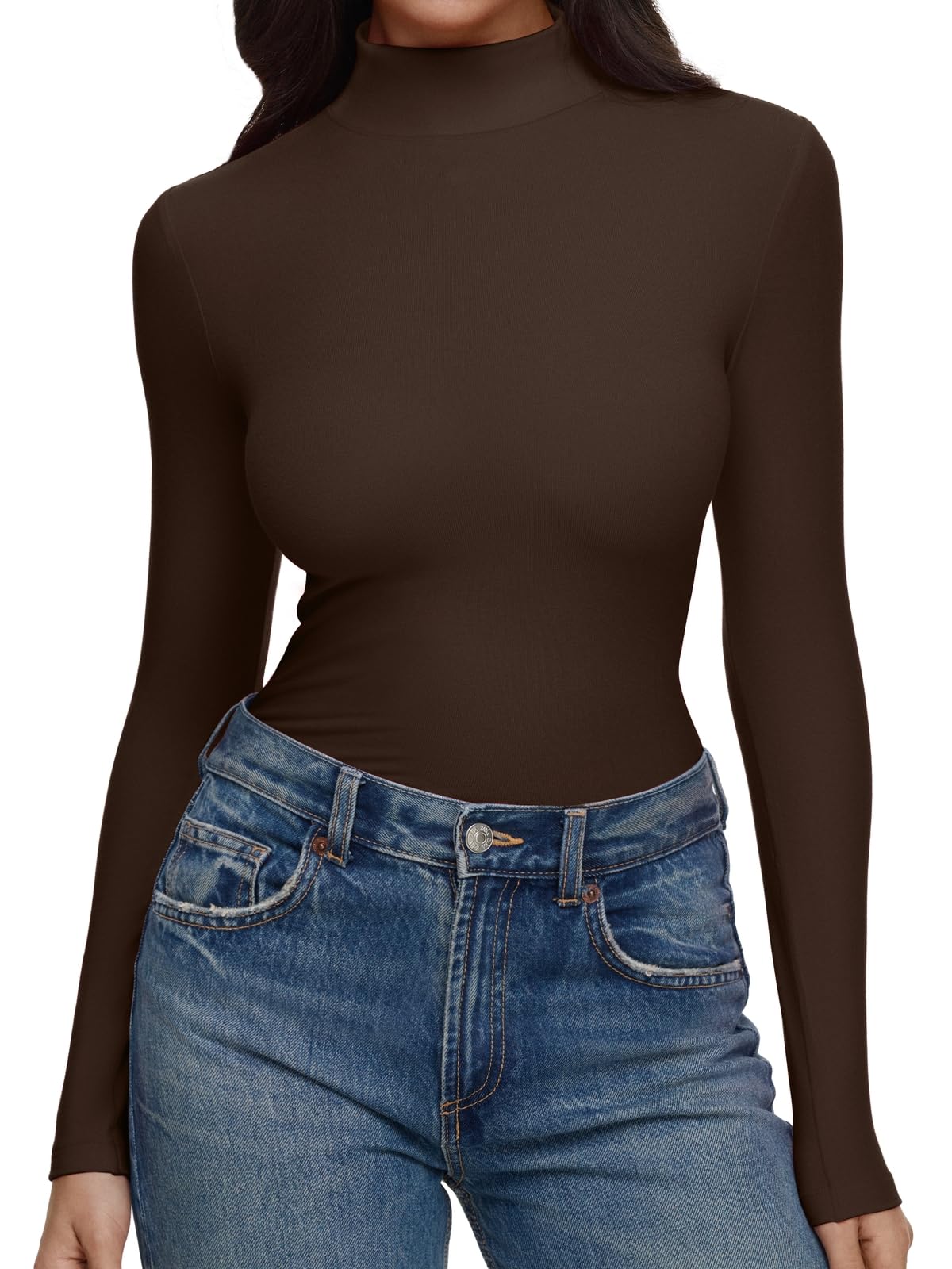 REORIA Women’s Turtleneck Tops Slim Basic Mock Neck Long Sleeve Shirts 2025 Fall Winter Layering Outfits Coffee Small