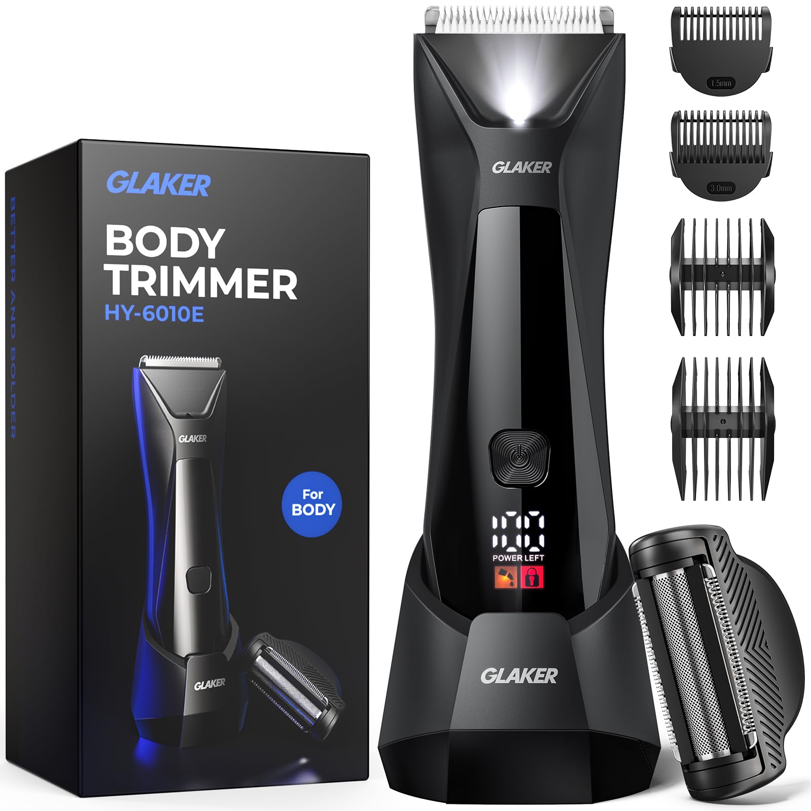 GLAKER Ball Trimmer Men, 2-in-1 Body Shaver Pubic Hair Trimmer for Men Manscape Groin Trimmer Body Hair Trimmer Ball Shaver Body Groomer Dual-Head Ceramic Trimmer & Foil Blades IPX7 Waterproof (Black)