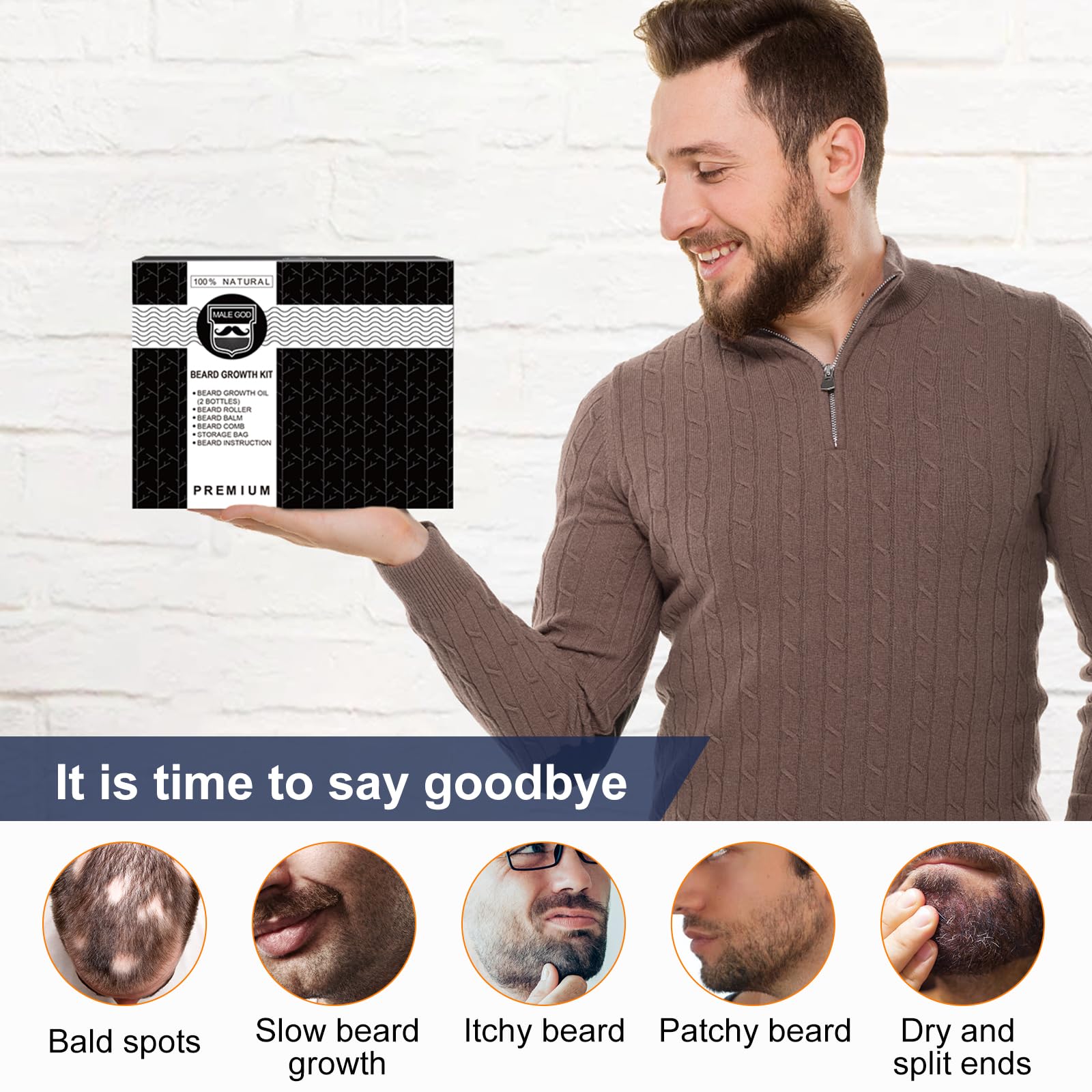 Beard Growth Kit, Beard Kit W/Beard Growth Oil, Balm, Comb, Massager for Spot/Patchy Beard, Gifts for Men Him Boyfriend Husband