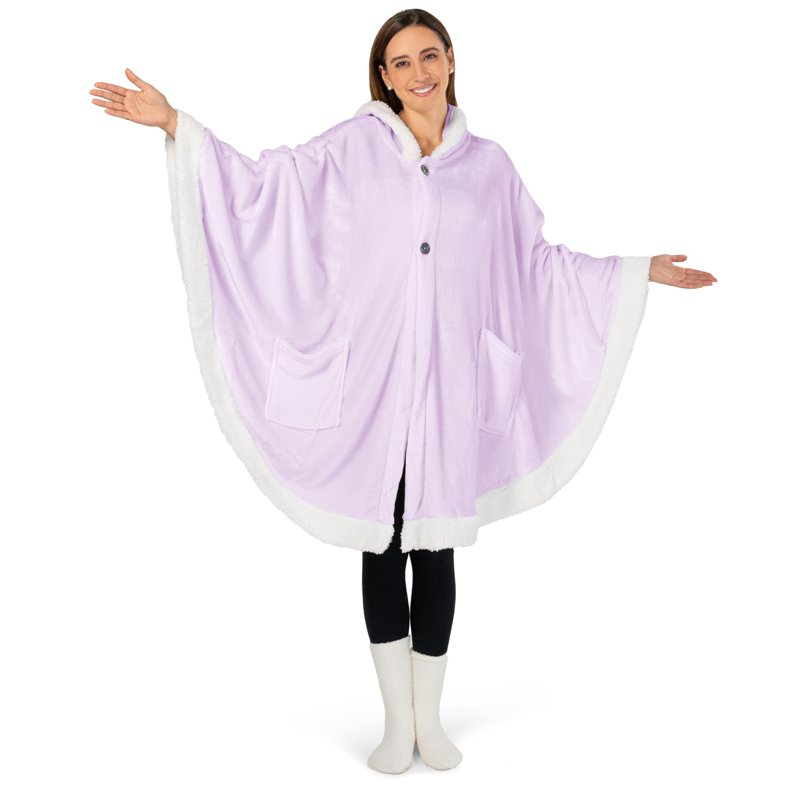 PAVILIA Sherpa Fleece Wearable Blanket for Adult Women, Cozy Plush Blanket Poncho Cape with Hood, Super Soft Shawl, Angel Wrap Throw for Office, Lavender Purple