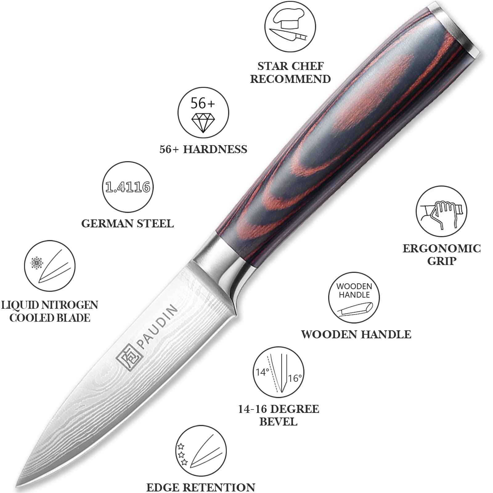 PAUDIN Paring Knife, 3.5 Inch Fruit Knife, High Carbon 5Cr15Mov Stainless Steel Forged Paring Knife, Ultra Sharp Small Kitchen Knife, Ergonomic Wooden Handle with Elegant Gift Box