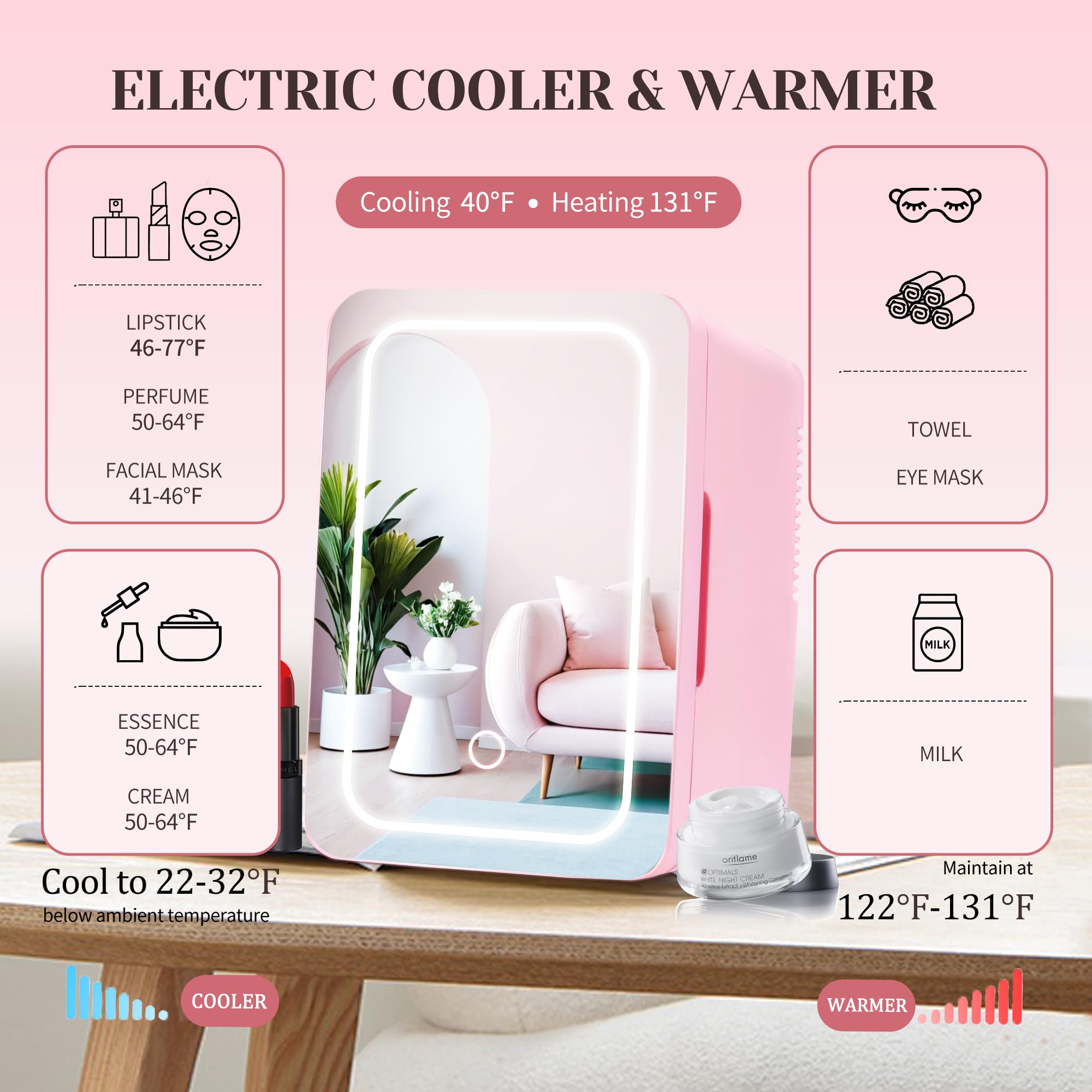 Mini Fridge for Bedroom 6L/8 Cans Skincare Fridge with LED Miroor Portable Cooler & Warmer 110V AC/12V DC Compact Small Refrigerator for Skin Care Cosmetic Beverages Drinks, Office Dorm and Car, Pink