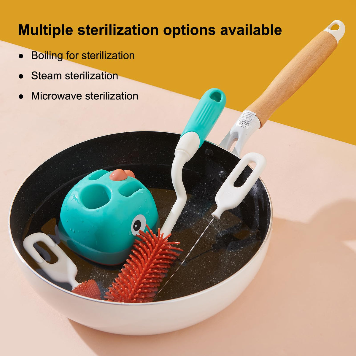 Rabbit Baba Silicone 4-in-1 Baby Bottle Brush Set,Nipple Brush, Bottle Brush, Straw Brush， Safe and Durable, Easy to Clean and Dry，4 Count，Cleaning Set，Uniform Storage Base，Draining Base (yellow Base)