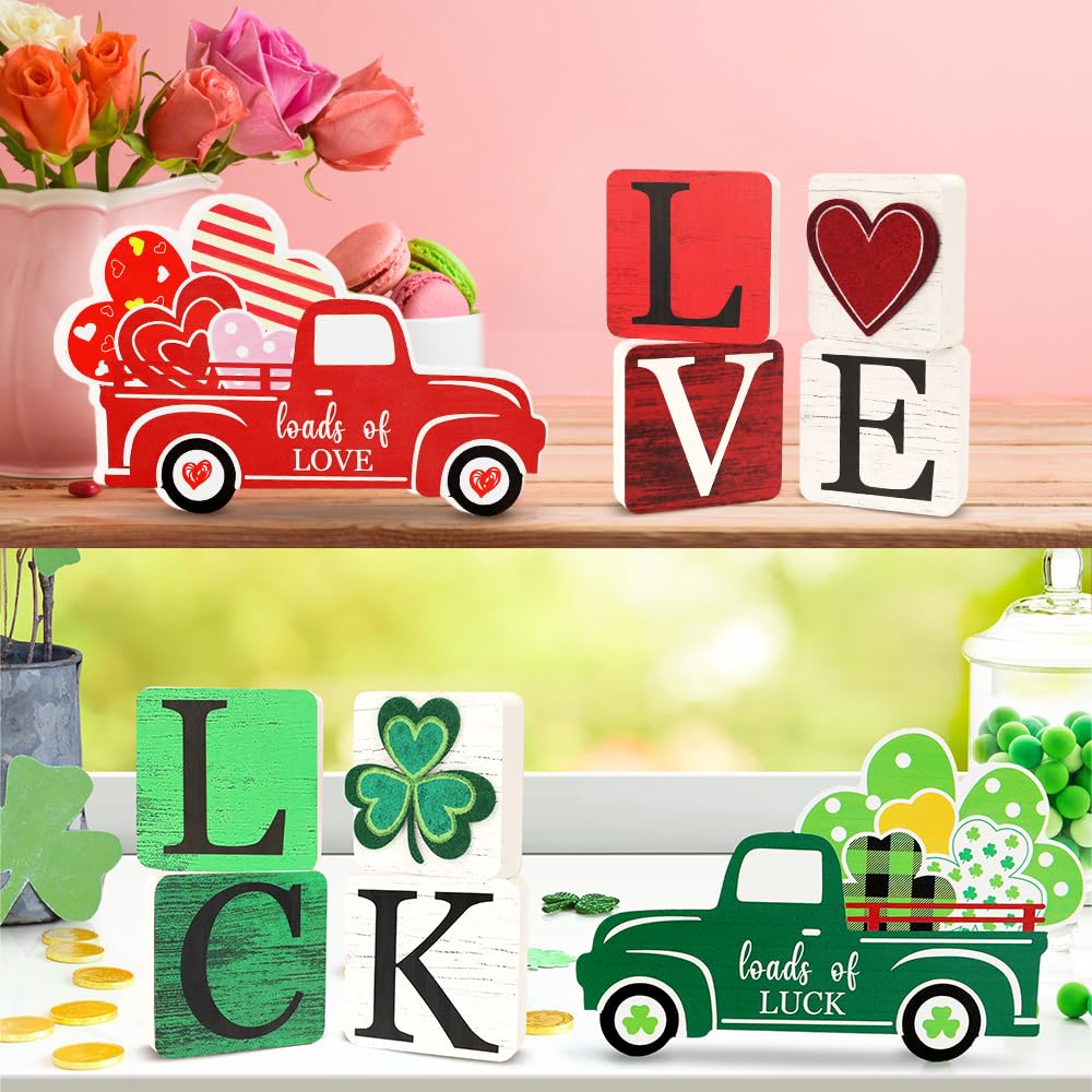 AKEROCK Valentines Day Decor/St.Patricks Day Decorations, Double Sided Wooden "LOVE" / "LUCK" Blocks & Truck Sign for Table, Desk, Mantel Decor - Valentines Day Decorations for the Home