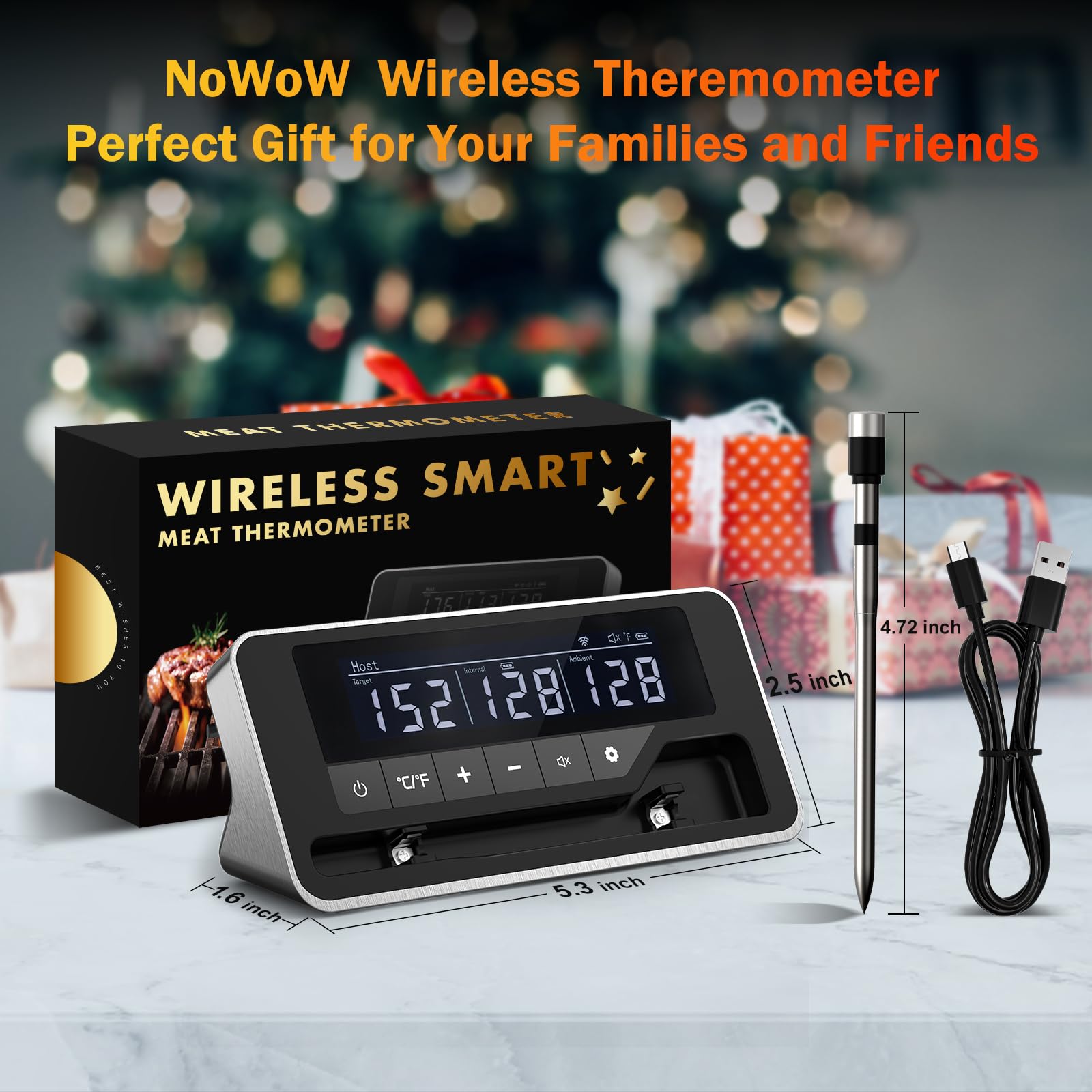 Meat Thermometer Wireless, 800FT WiFi Bluetooth Digital Thermometer with Smart APP, Temp Precise Improved by 100%, Instant Read Food Thermometer with Alerts for Oven Smoker BBQ Grill