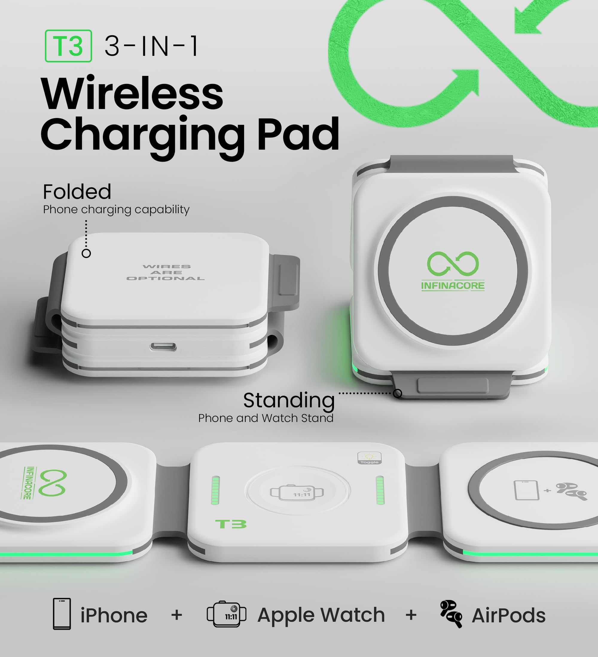 InfinaCore 3-in-1 Charging Station for Apple Devices - Travel Essentials- Magnetic Wireless Travel Charger - Foldable Charging Pad for Magsafe iPhone 15 14 13 12 Pro Max/Plus, AirPods & Apple Watch