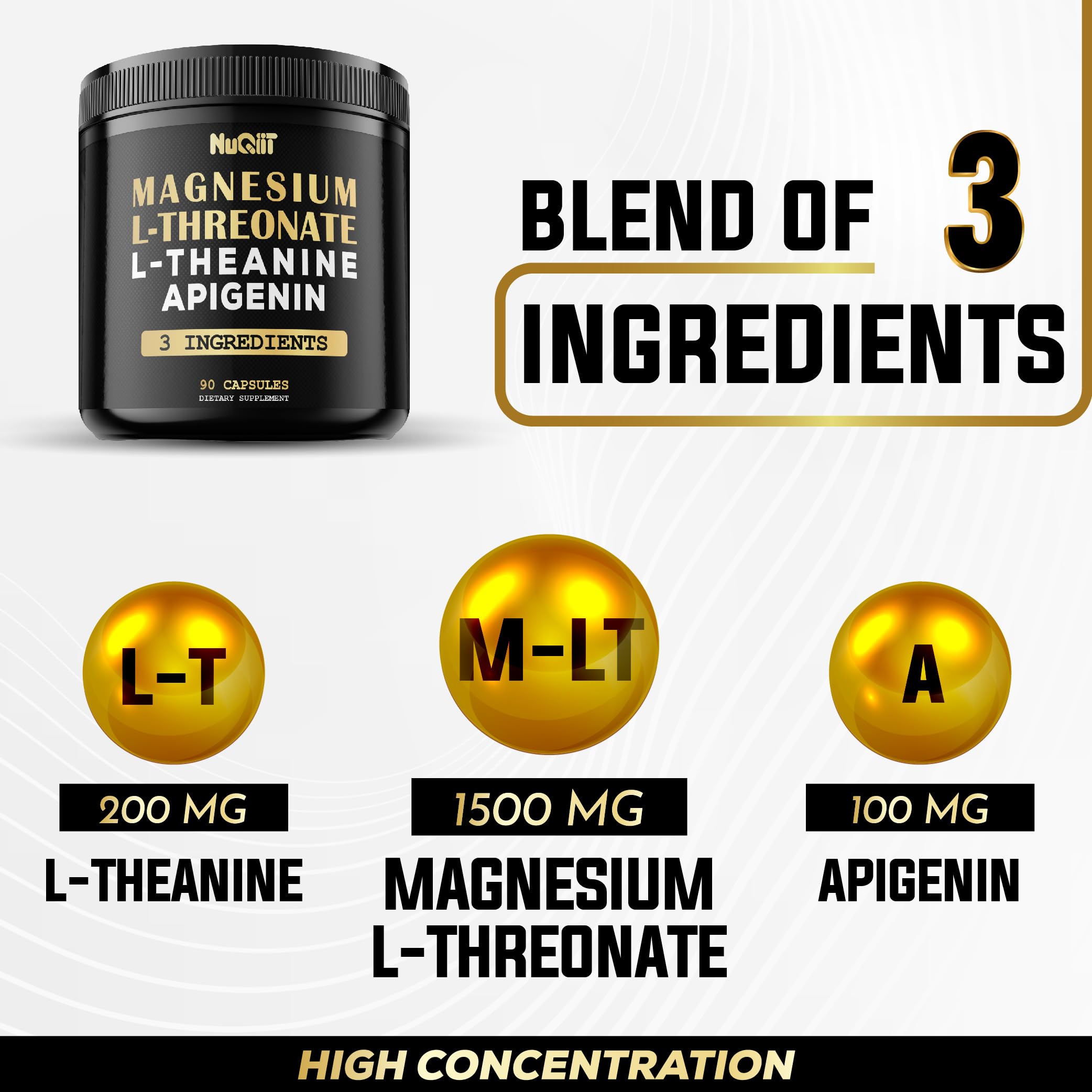 Magnesium L-Threonate 1500mg L-Theanine 200mg Apigenin 100mg Supplement - 90 Capsules - Impressive Benefits for Concentration, Comfortable Mind & Brain Health - 10% Purified Elemental Magnesium