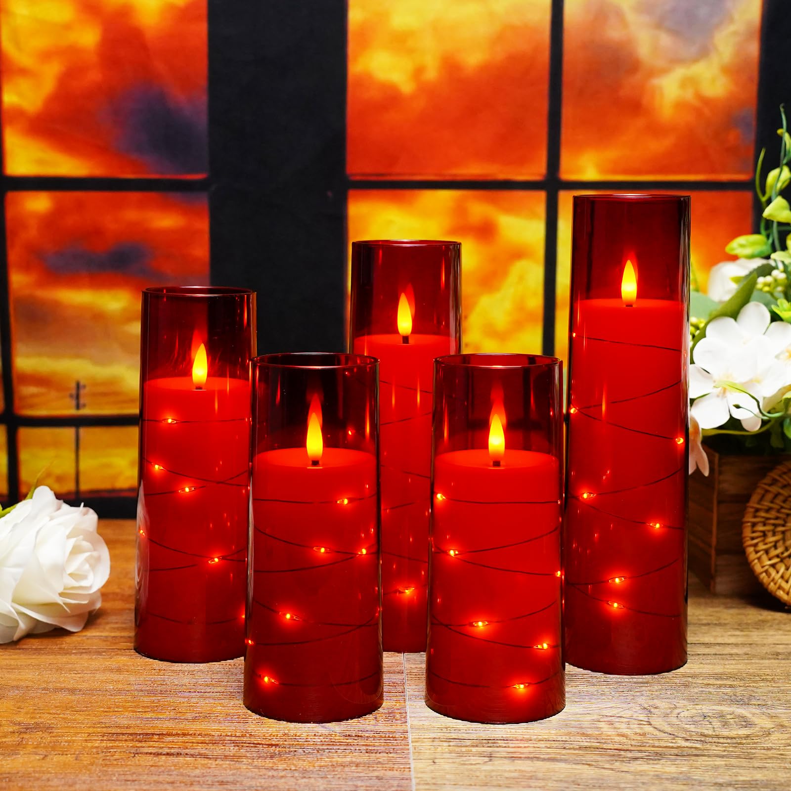 kakoya Flameless LED Candles with Timer 5 Pc Flickering Flameless Candles for Romantic Ambiance and Home Decoration Stable Acrylic Shell,with Embedded Star String，Battery Operated Candles（Red）