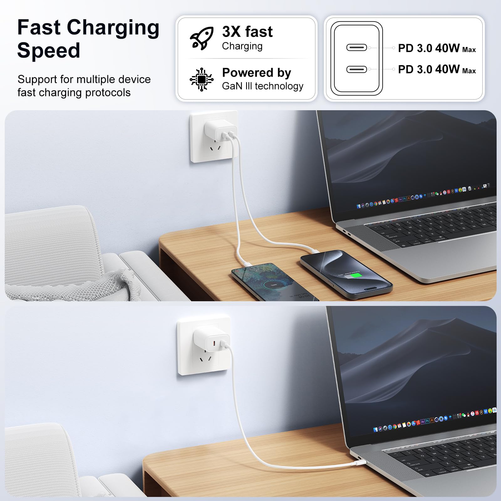 Susnwere 40W Dual USB C Charger Block,2-Port Fast USB-C Power Adapter Wall Charger Plug Type C Charging Block for Laptop Computer & Tablets/Phones iPhone 15/14/13/12/11/X, iPad,Samsung,Google （2 pack）