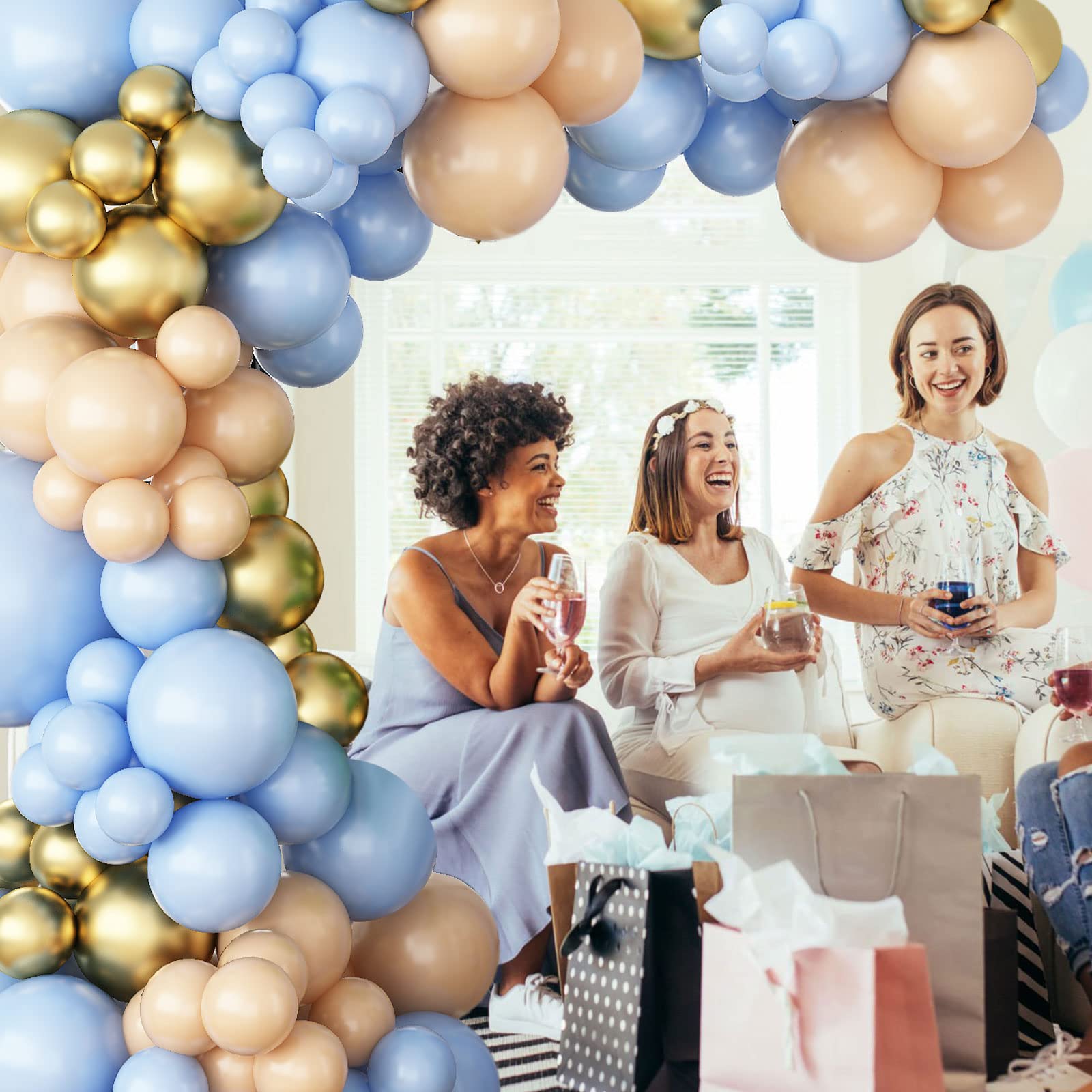 Blue and Nude Balloon Garland Kit, Baby Shower Arch Kit, Macaron Blue Retro Apricot Gold Latex Balloons for Boys Girls Birthday Wedding Gender Reveal Engagement Party Decorations