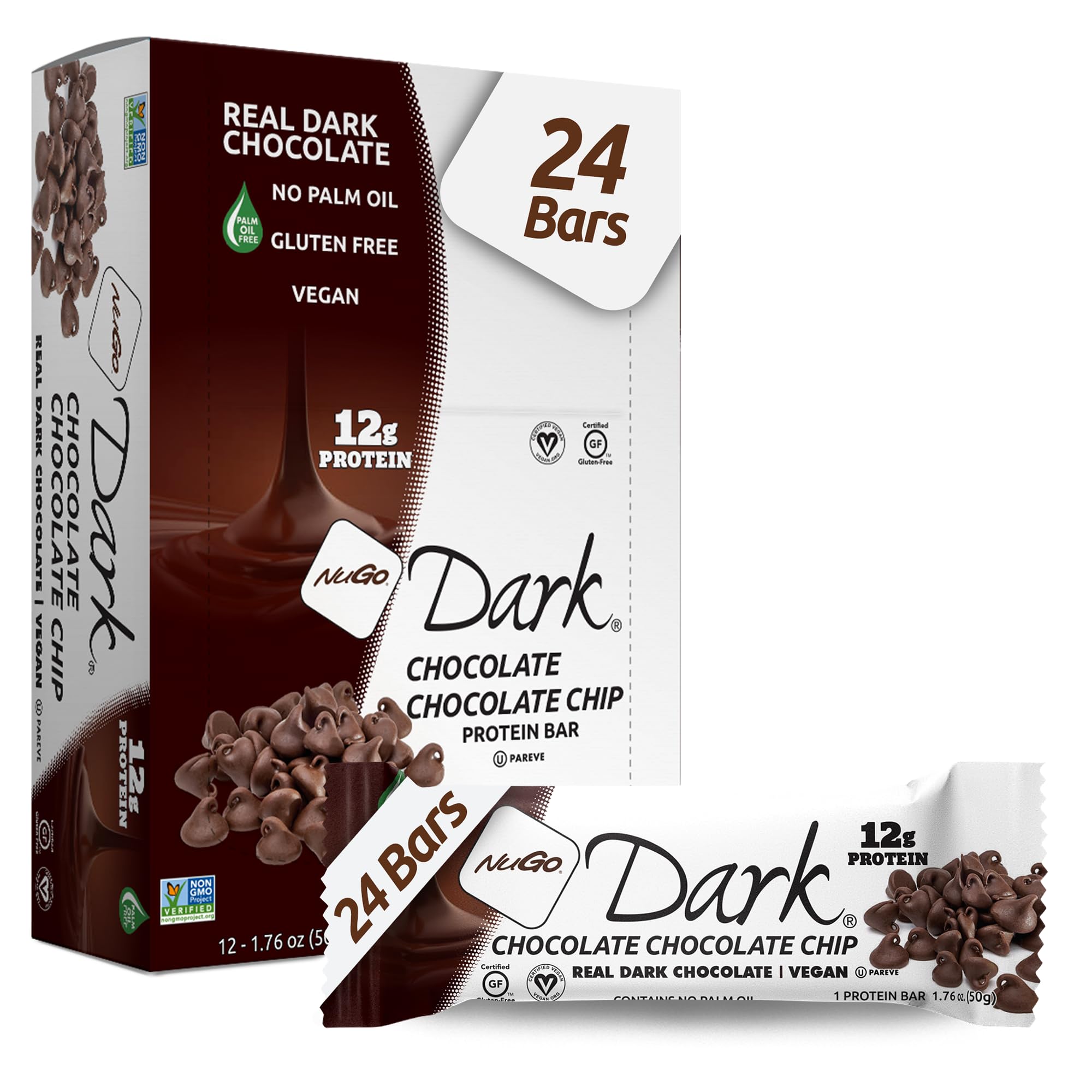 NuGo Dark Chocolate Chocolate Chip, 12g Vegan Protein, 200 Calorie, Gluten Free, 24 Count