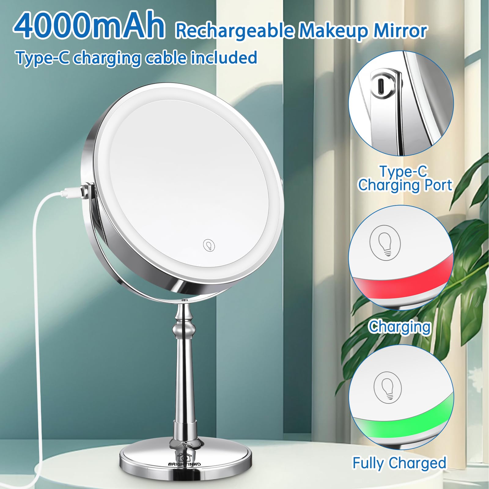 BRIGHTINWD 9" Large Lighted Makeup Mirror, 1X/10X Magnifying Mirror with Lights, 360 Rotate Touch Screen Vanity Mirror with Lights, Light up Mirror with 3 Color Lights, Brightness Adjustable