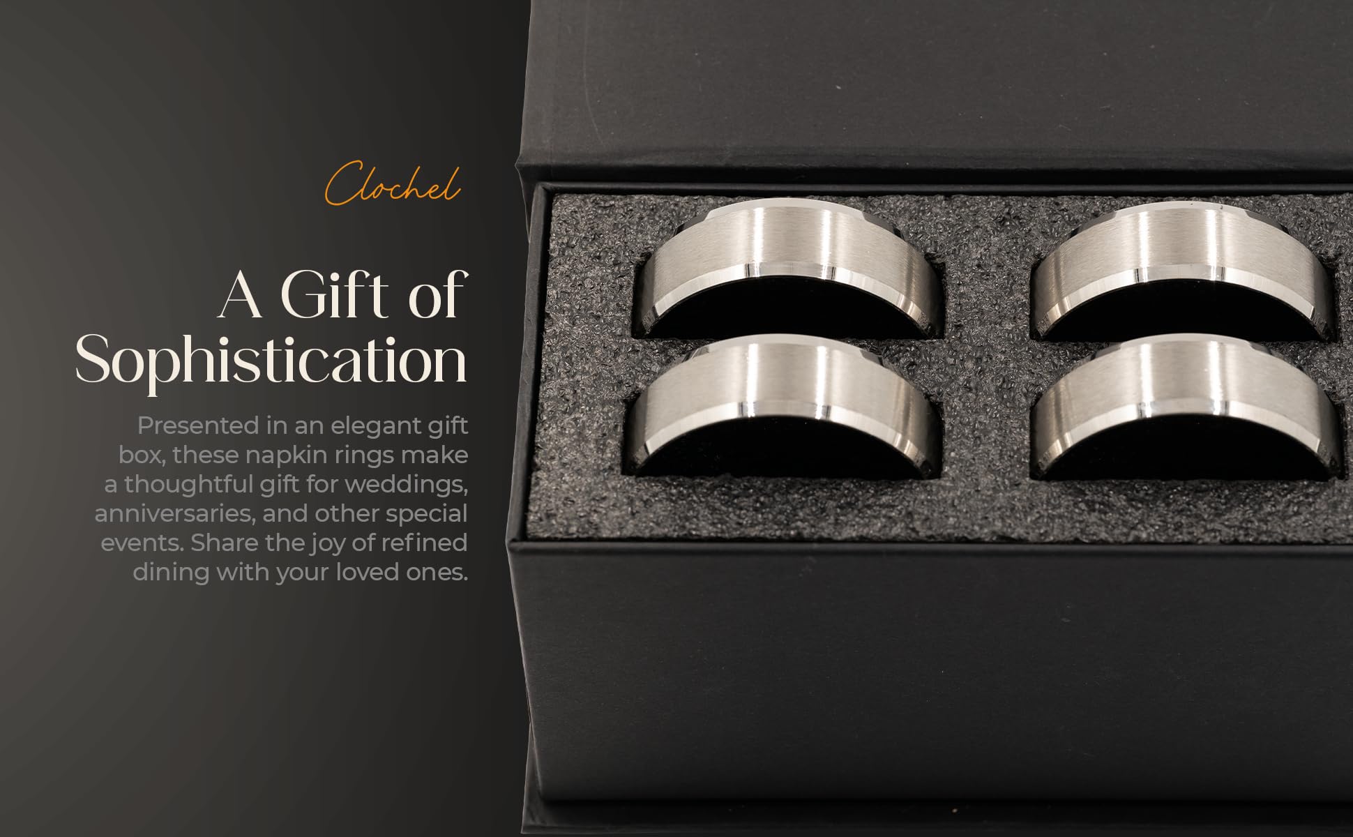 Award-Winning CLOCHEL Napkin Rings Stainless Steel Serviette Buckles Set of 4 Adornment for Elegant Dining,Table Decorations, Banquet, Wedding, Casual, Engagement, Reception & Everyday CSKY-1