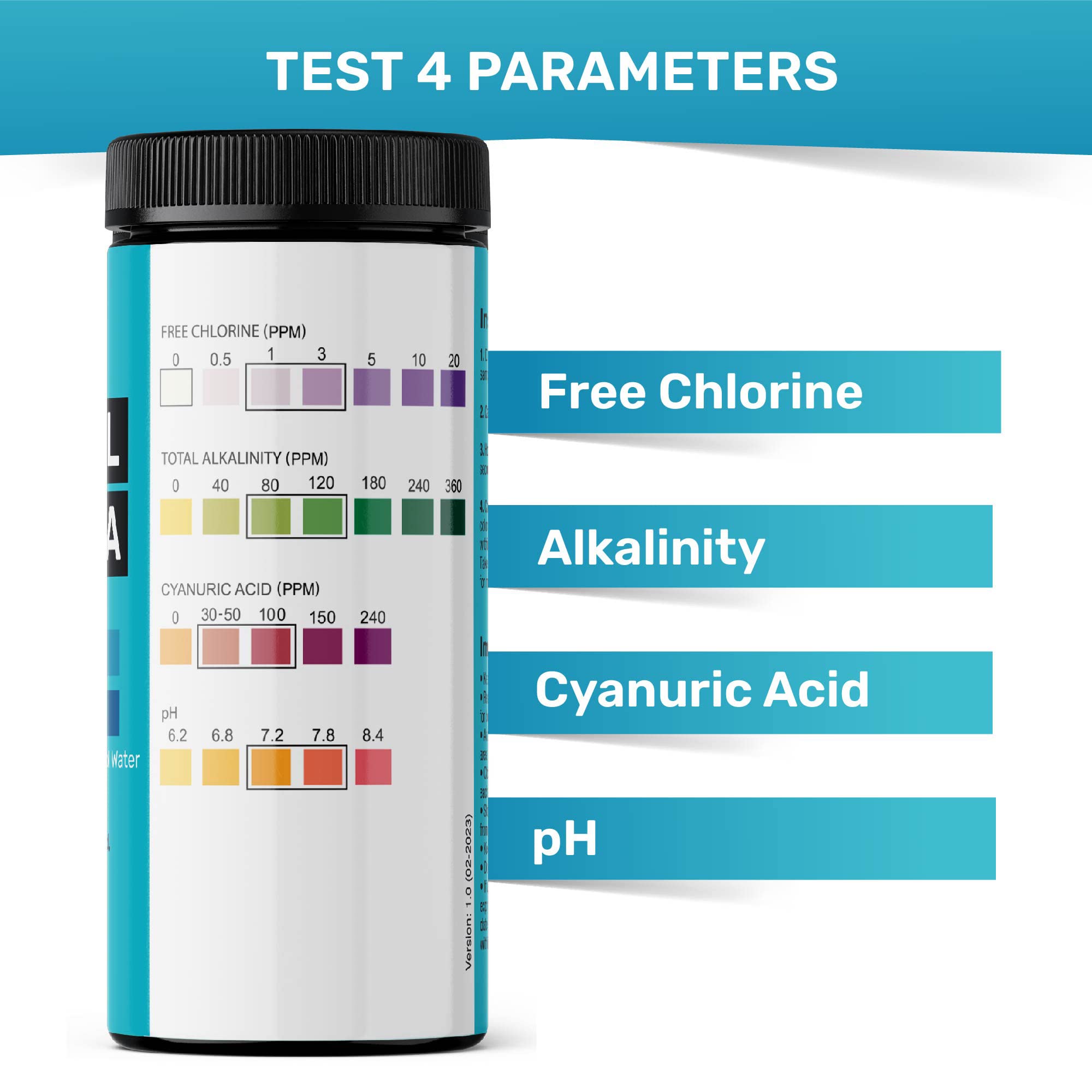 JNW Pool Test Strips, 4in1 Quick & Accurate 100 Pool and Spa Test Strips, Pool Water Test Kit - Free Chlorine, pH, Alkalinity, Cyanuric Acid Pool Water Tests, Spa and Hot Tub Test Strips with E-Book