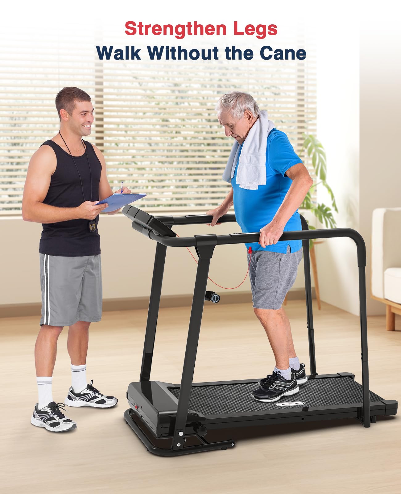 Redliro Treadmill for Seniors with Long Handrails - 300 lbs Capacity Walking Treadmill for Elderly - Recovery Machine for Home Use with Clear, Non-Scrolling Display (Black)