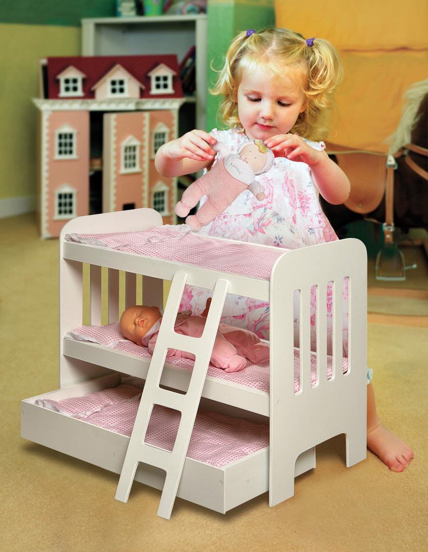 Badger Basket Wooden Trundle Doll Bunk Bed with Ladder, Bedding, and Personalization Kit - Fits 18-22 Inch Dolls, White/Pink for Pretend Play