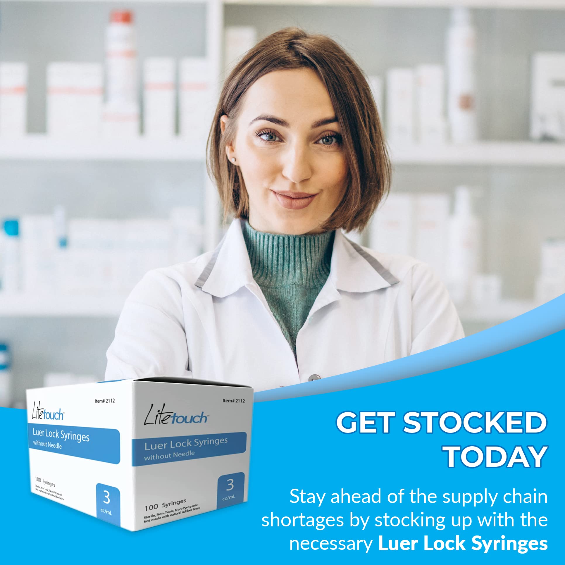 LiteTouch 3mL Luer Lock Syringe, Sterile, Individually Sealed - 100 Syringes per Box (no needle)