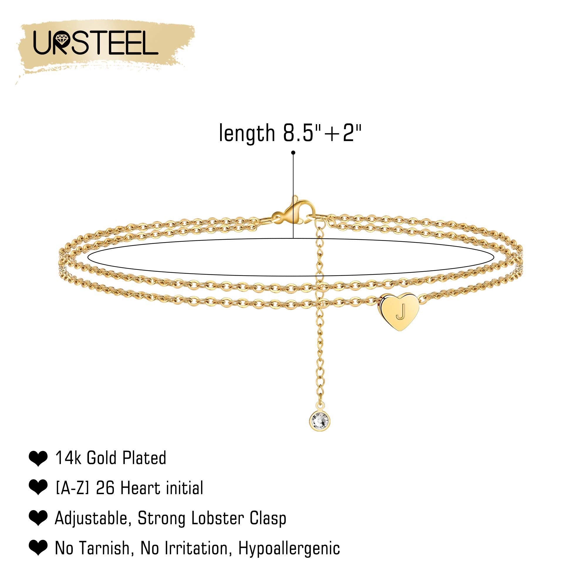 Ursteel Initial Ankle Bracelets for Women, 14K Gold Plated Ankle Bracelet with Initial J Dainty Layered Heart Gold Anklets for Women