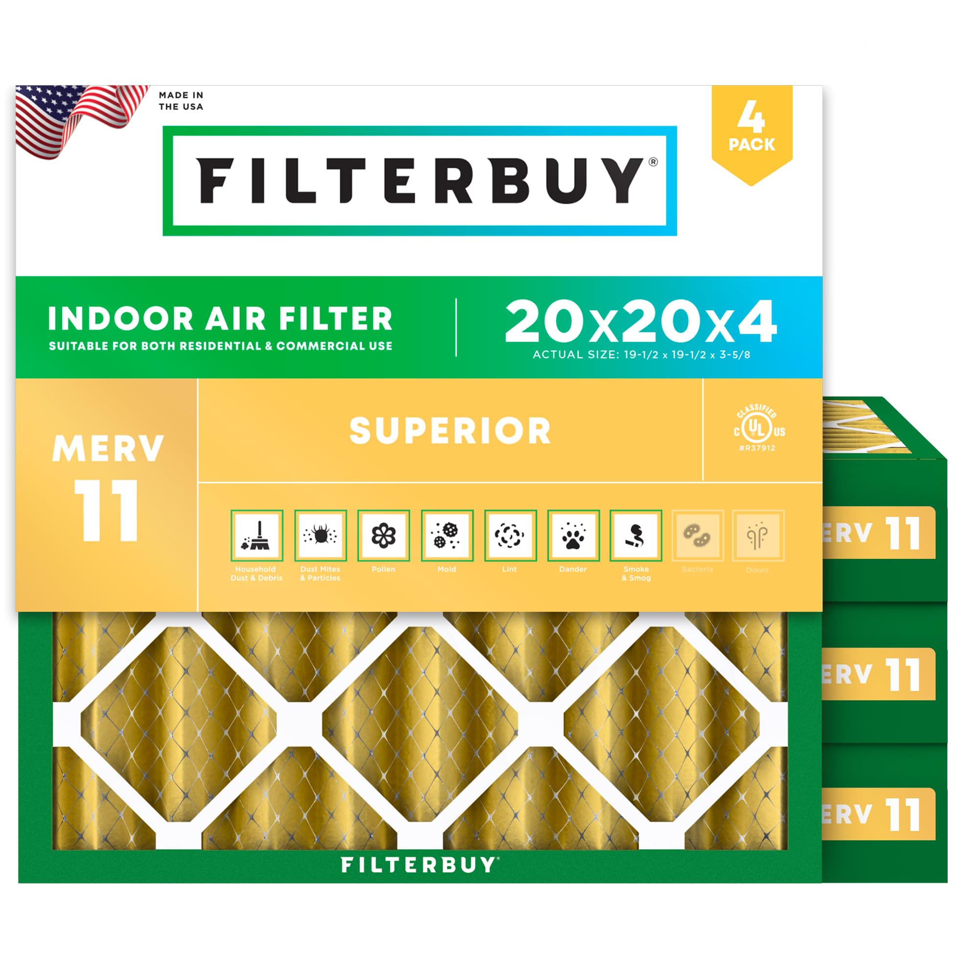 Filterbuy 20x20x4 Air Filter MERV 11 Allergen Defense (4-Pack), Pleated HVAC AC Furnace Air Filters Replacement (Actual Size: 19.50 x 19.50 x 3.63 Inches)