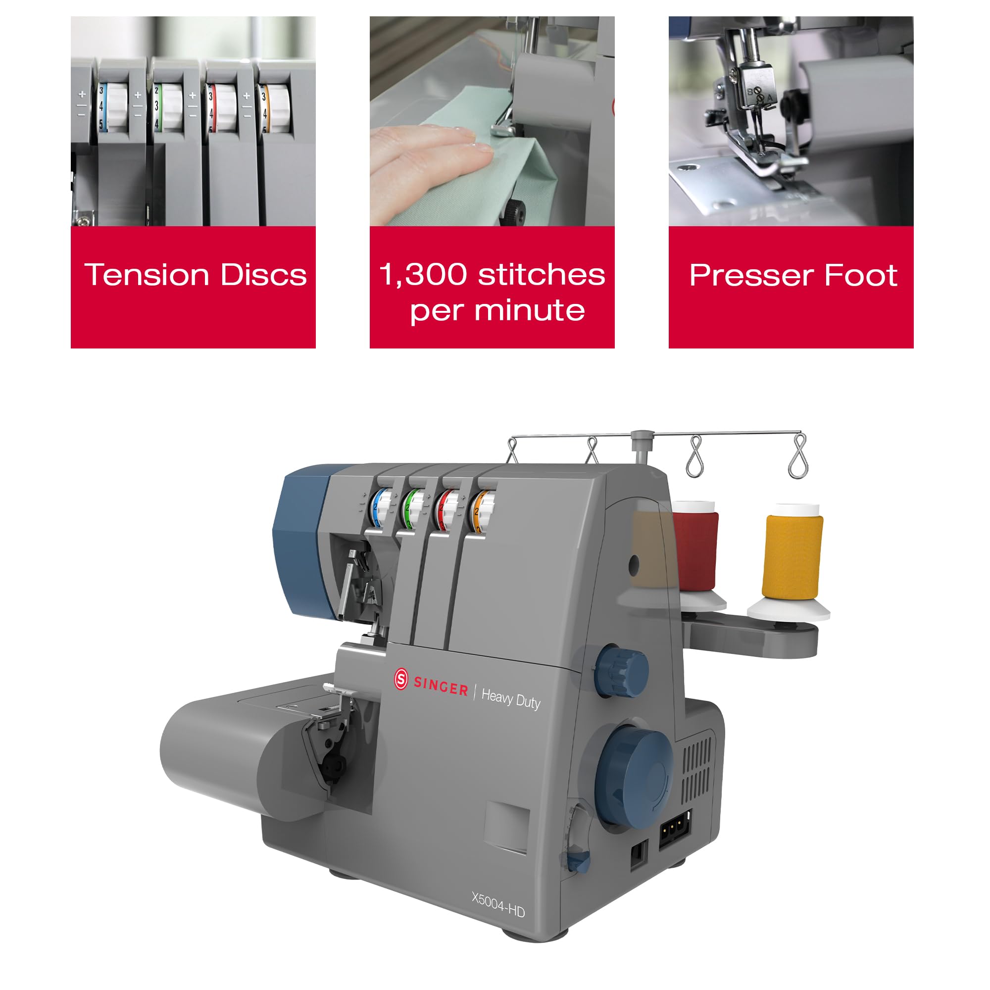 SINGER X5004-HD Metal Frame Serger & Overlock Machine | 2-3-4 Stitch Capability, 8 Built-In Stitches, 1300 Stitches per minute, Adjustable Differential Feed & 2 LED Lights (Grey/Blue)