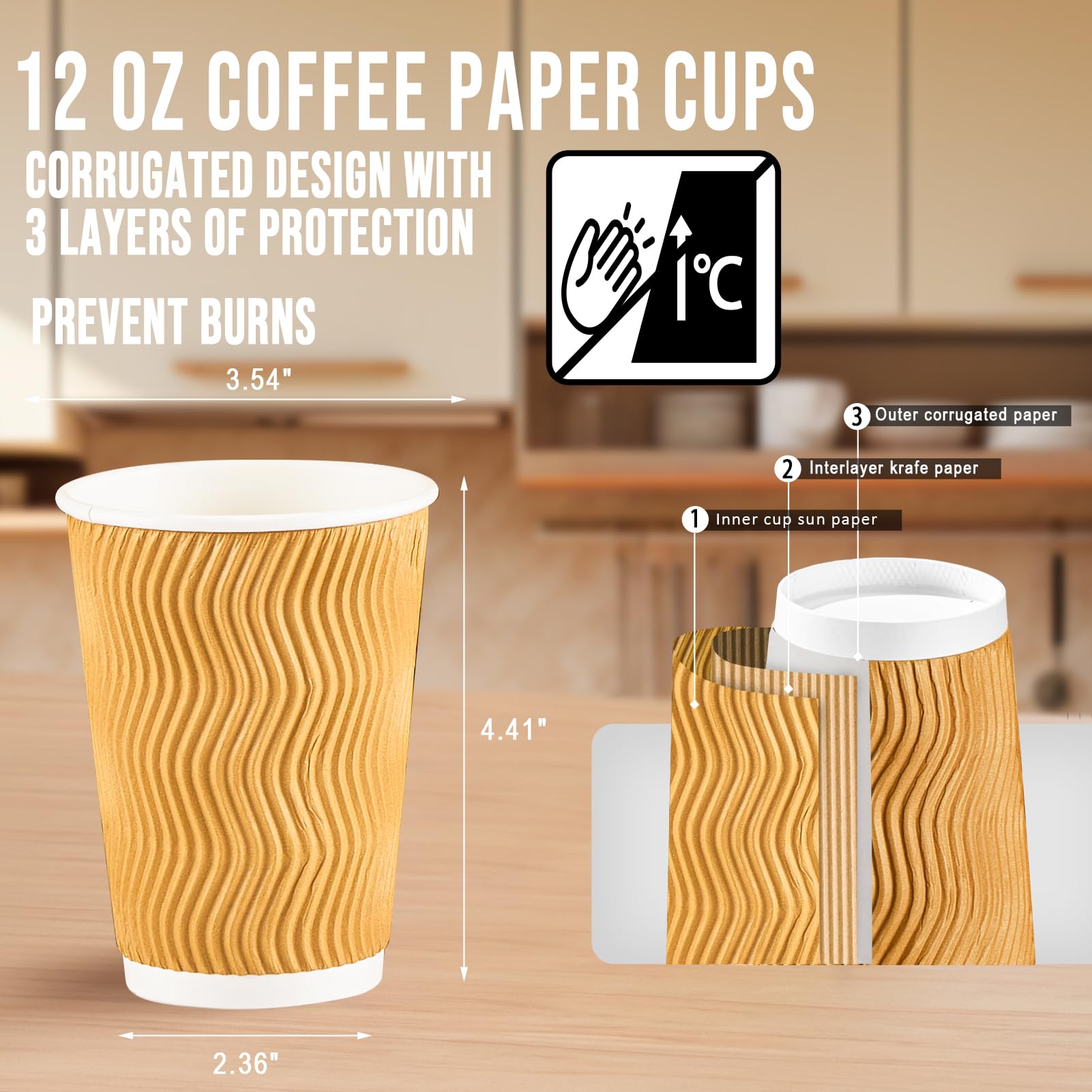 BYSNOW 100 Pack 12 oz Disposable Coffee Cups No Lids, Insulated Ripple Wall Paper Coffee Cups Suitable for Chocolate Cocoa and Hot/Cold Drinks (Champagne)