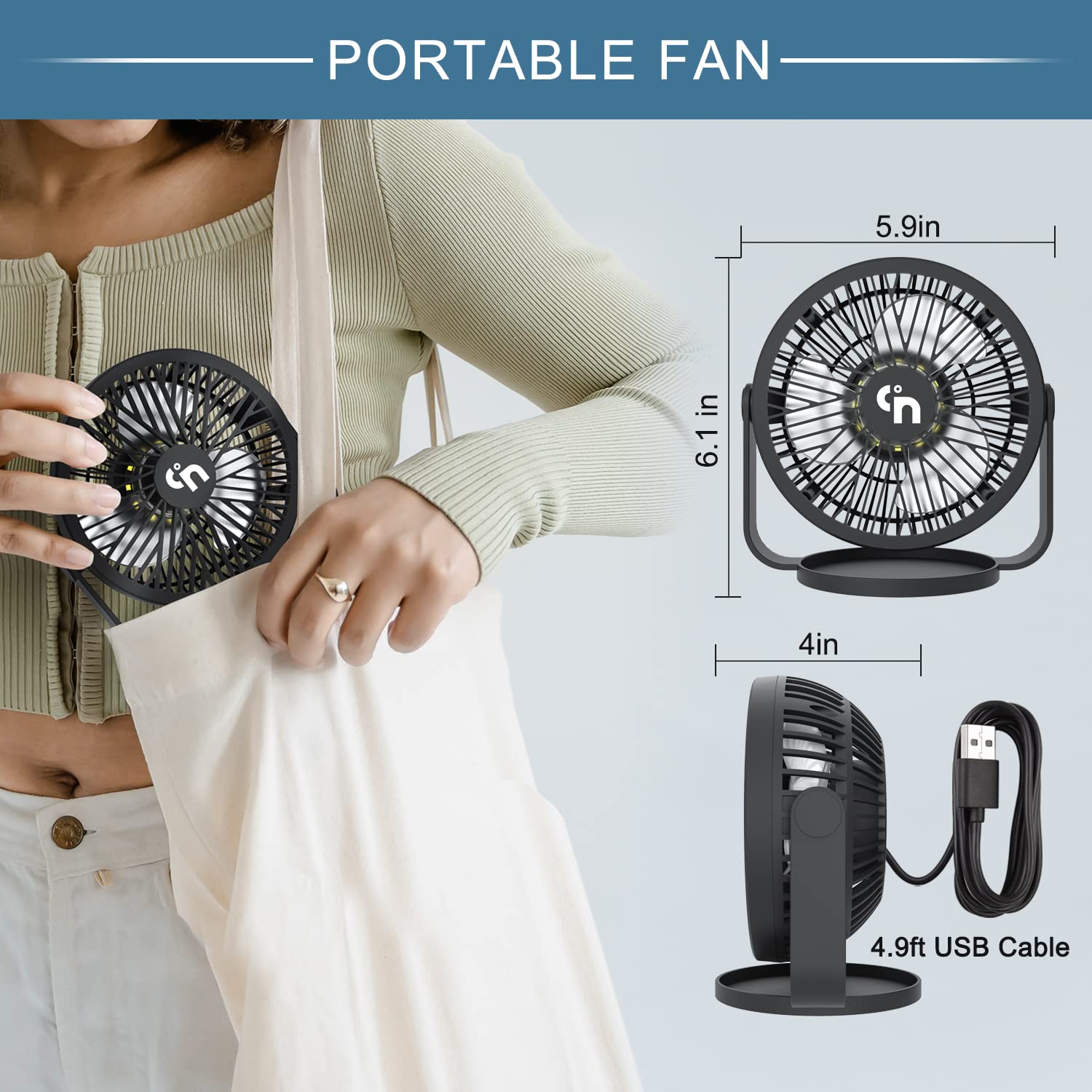 GagetElec USB Desk Fan with LED Night Lights,3 Speeds Desktop Cooling Mini Fan,360°Rotation Strong Wind USB Table Fan,Small Personal Travel Fan for Home Office Desktop Office Table 5.3 Inch (T5-02)