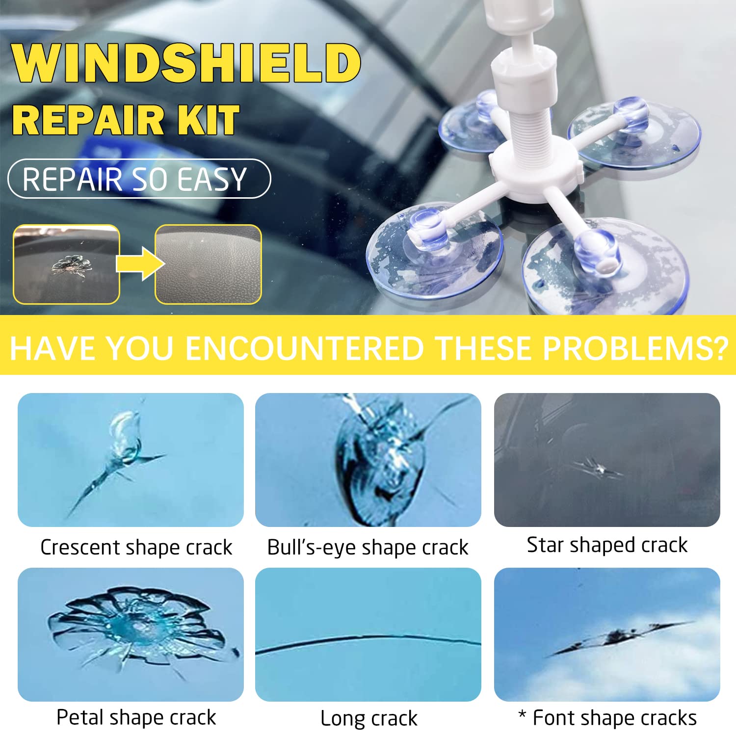 Windshield Repair Kit, Upgraded Windshield Crack Repair Kit 4 Pcs, Windshield Repair Kit for Chips and Cracks, Car Glass Repair Kit Quick Fix for Chips, Cracks, Star-Shaped, Bulls-Eye New Versions