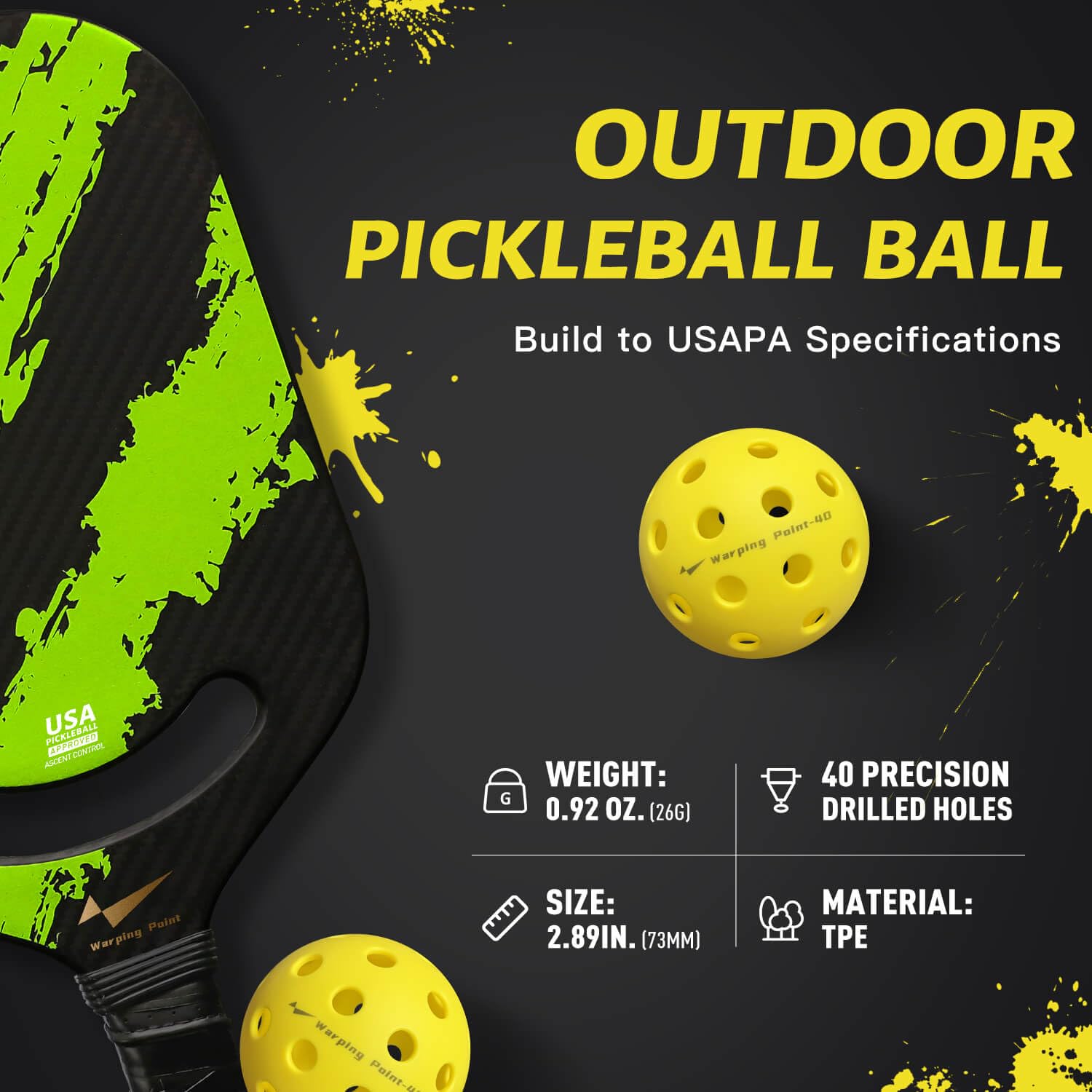 Warping Point Outdoor Pickleball Balls, 4 Pack 40 Holes Yellow PickleBalls with Mesh Bag, Meet USAPA Specifications, High Bounce Durable Practice Pickle Ball for Beginners Intermediate Player