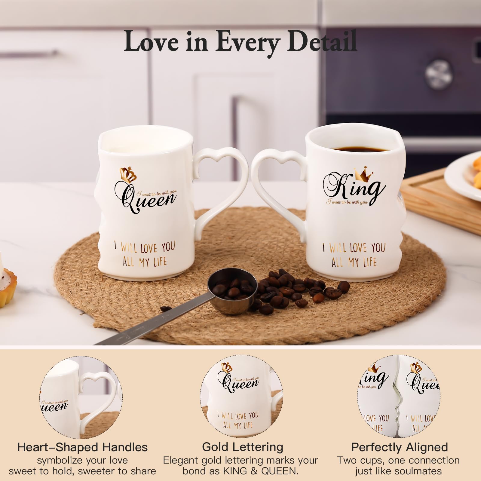 SIPBYSOP Wedding Gifts Kiss Mug, Bridal Shower Gift,Engagement Presentfor Couples Newlyweds, King Queen Kiss Mug, Coffee Cup for Couple