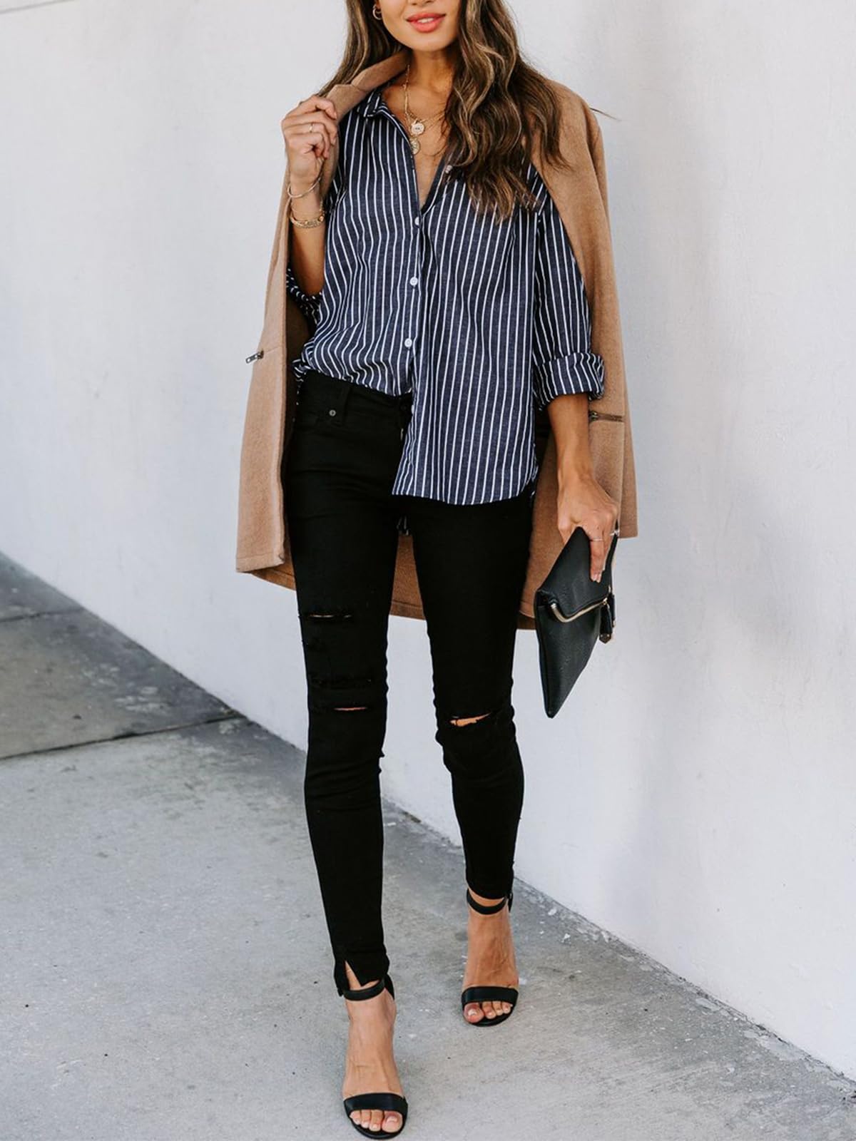 siliteelon Womens Button Down Shirts Cotton Striped Dress Shirt Long Sleeve Collared Office Work Blouses Tops - Deep Gray Striped L
