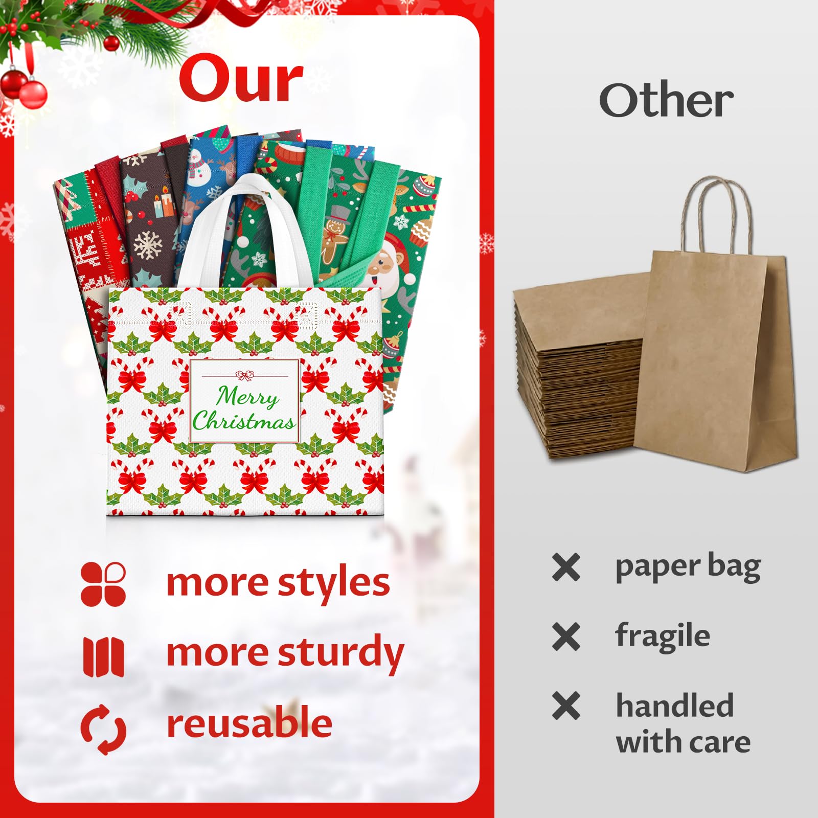 BlessedSeason 20 Pack Christmas Gift Bags Assorted Sizes, Reusable Tote Bags with Handle, Includes 4 Large 8 Medium 8 Small Christmas Goodie Bags for Her He, for Xmas Celebration Gift