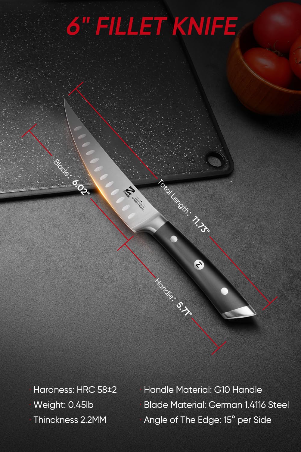 Zennish Fillet Knife 6 Inch, Super Sharp Boning Knife High Carbon German Steel Fish Knife, Professional Fillet Knife For Fish With Ergonomic G10 Handle, Premium Box