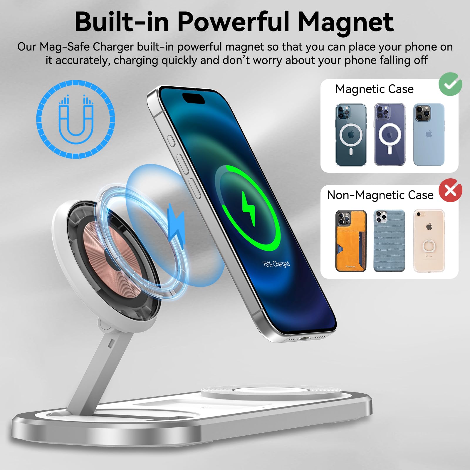 3 in 1 Wireless Charger for iPhone, Foldable Charging Station for Magsafe for iPhone 16/15/14/13/12/Pro Max/Pro/Mini/Plus, Apple Watch 10/9/8/7/SE/6/5/4/3/2/1/Ultra2/Ultra, AirPods pro/2/3/4 (Silver)