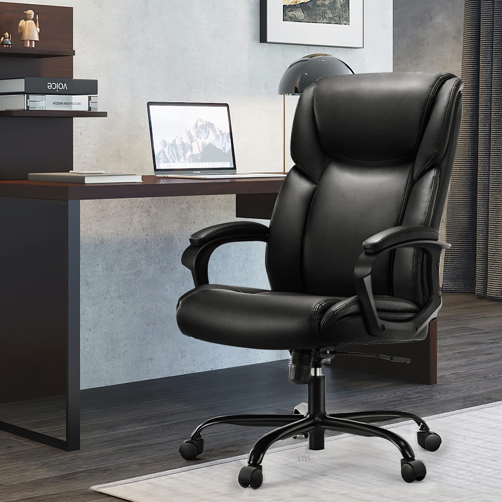 OLIXIS Office Chair,Desk Chair Executive Office Chair High Back Home Office Desk Chairs Soft Armrest,Height Adjustable Ergonomic Computer Chair Lumbar Support,Big Tall Bonded Leather Chair Black