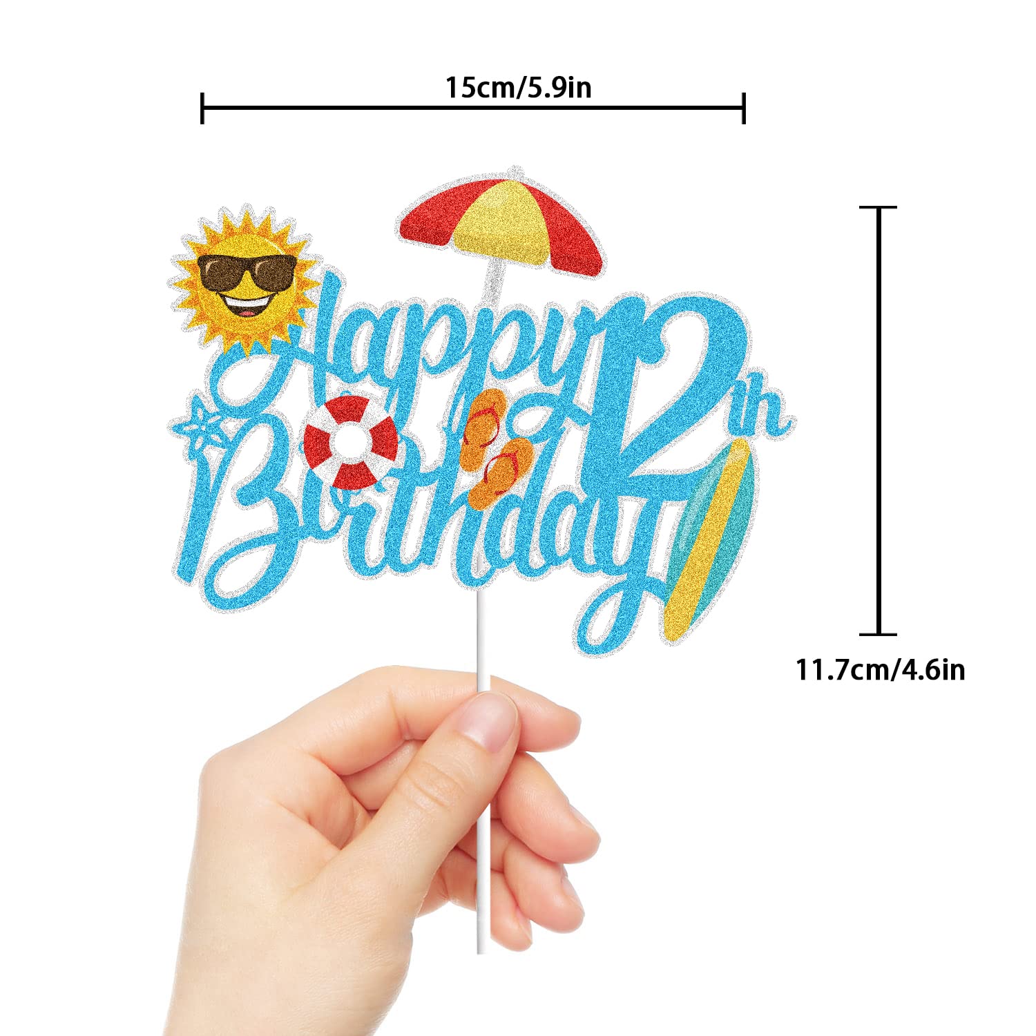 Summer Beach Happy 12th Birthday Cake Topper Blue Glitter Summer Pool Swimming Surfing 12 Twelve Years Old Party Decoration Summer Holiday Birthday Party Favor Supplies