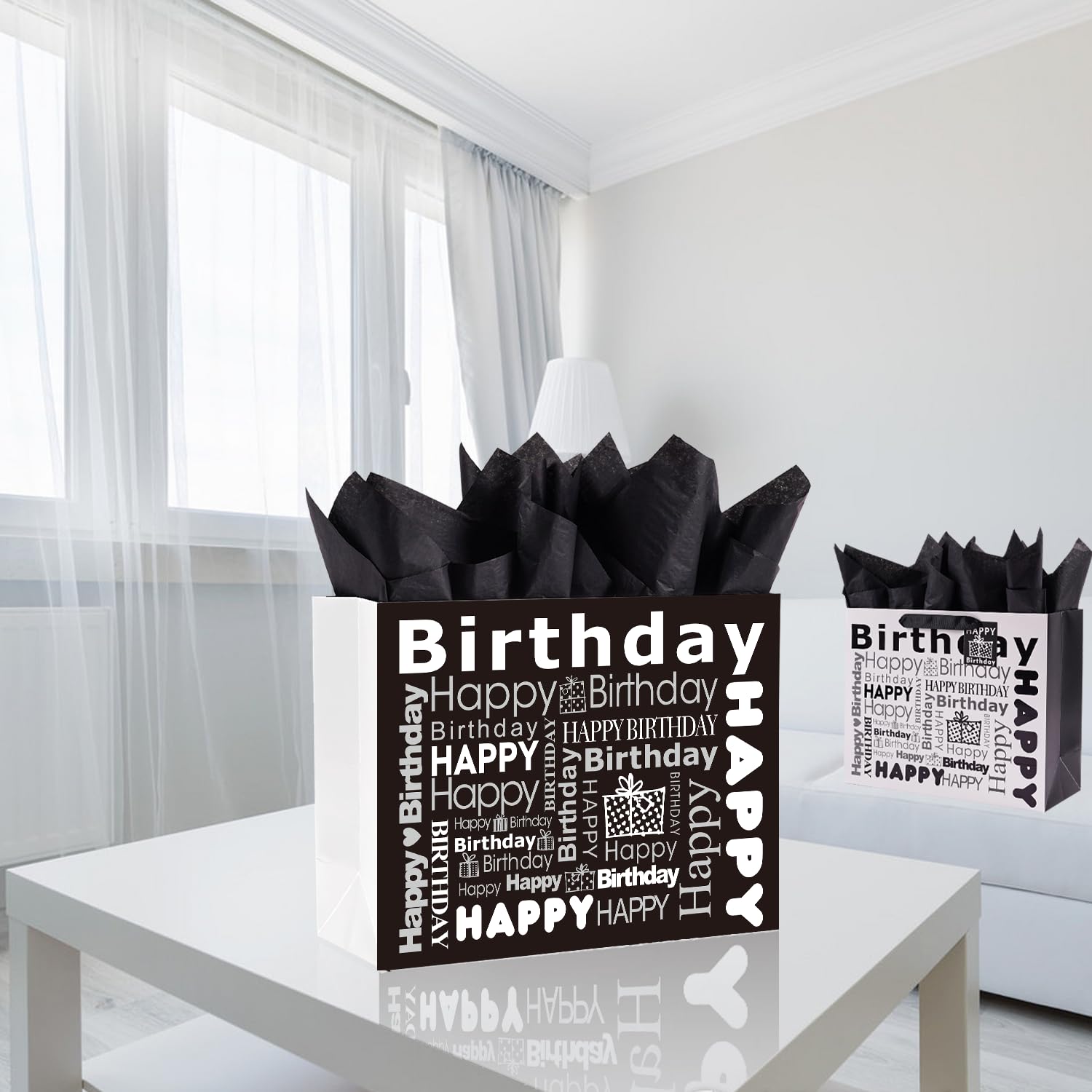 JWSCYSY 2Pcs White and Black Large Gift Bags with Tissue Paper, Happy Bithday Gift Bag for Men Women Birthday - 12.6" x 10.25" x 4.7".