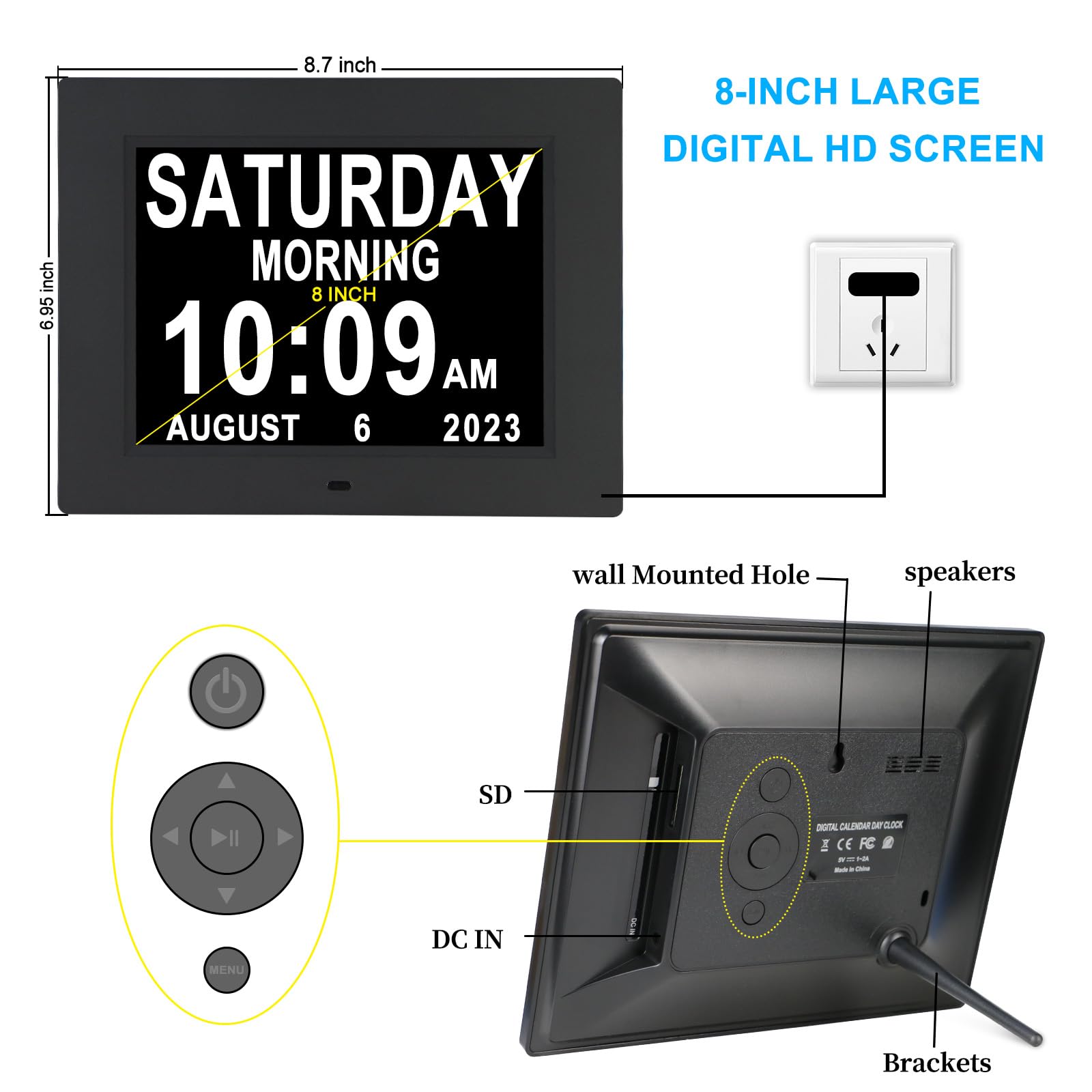 Johnziny 2023 Newest Large Display Digital Clock with 8 Alarms, Date, Time, and 8-inch Black for Seniors, Dementia, Memory Loss