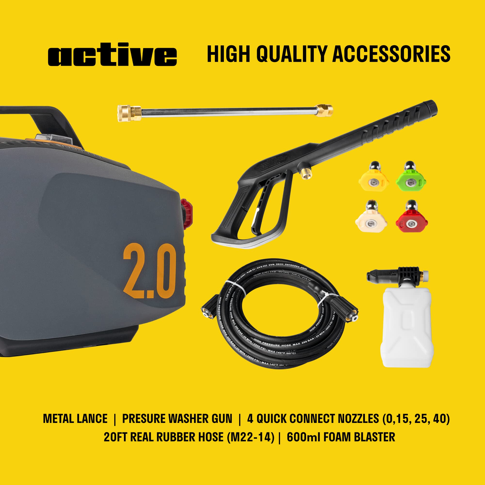 ACTIVE 2.0 Electric Pressure Washer - 2.0 GPM Flow and 1800 PSI Peak Pressure, Pressure washers for Power Wash, Power Washers Electric Powered, Wall Mount Pressure Washer, Hidrolavadora Electrica