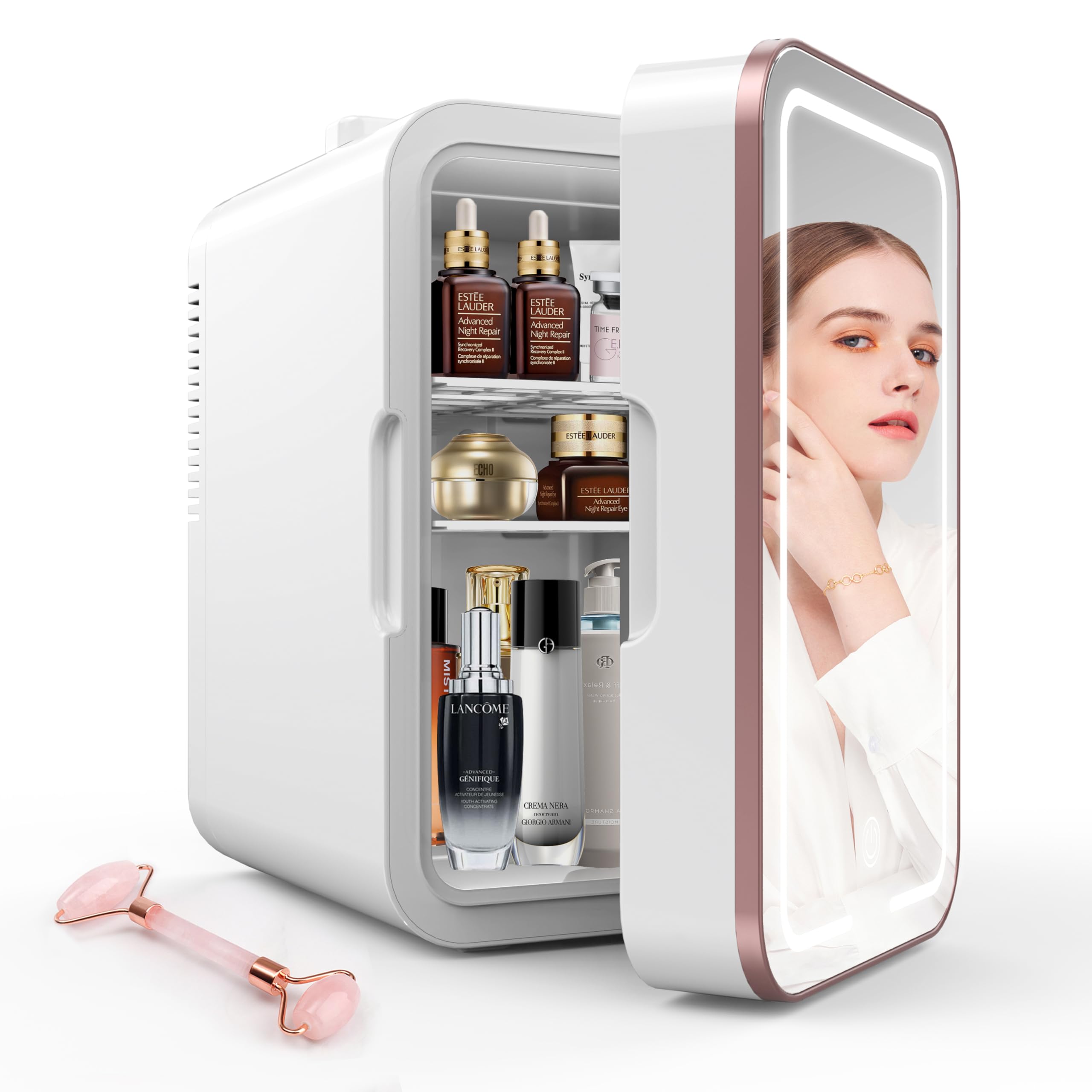 Suavo Skincare Fridge Mini Fridge for Bedroom 8L/10 Cans Small Refrigerator with Dimmable LED Mirror Compact Refrigerator Portable Cooler and Warmer for Skin Care Cosmetic Beverages Drinks Office Dorm